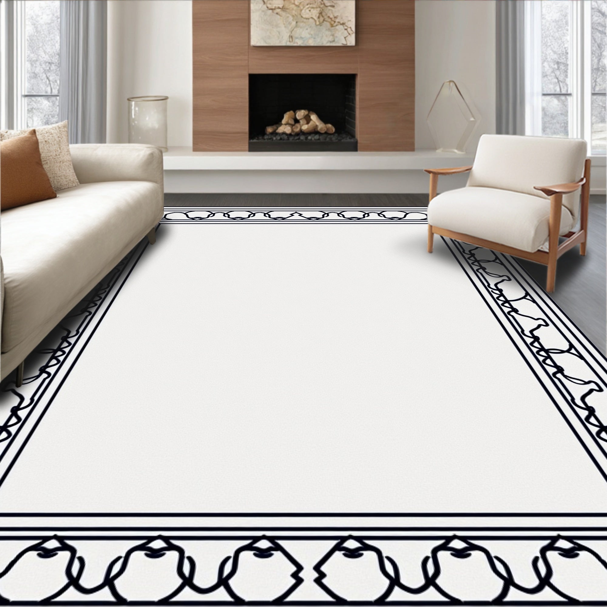 Ornate Black White Chain Pattern Rug