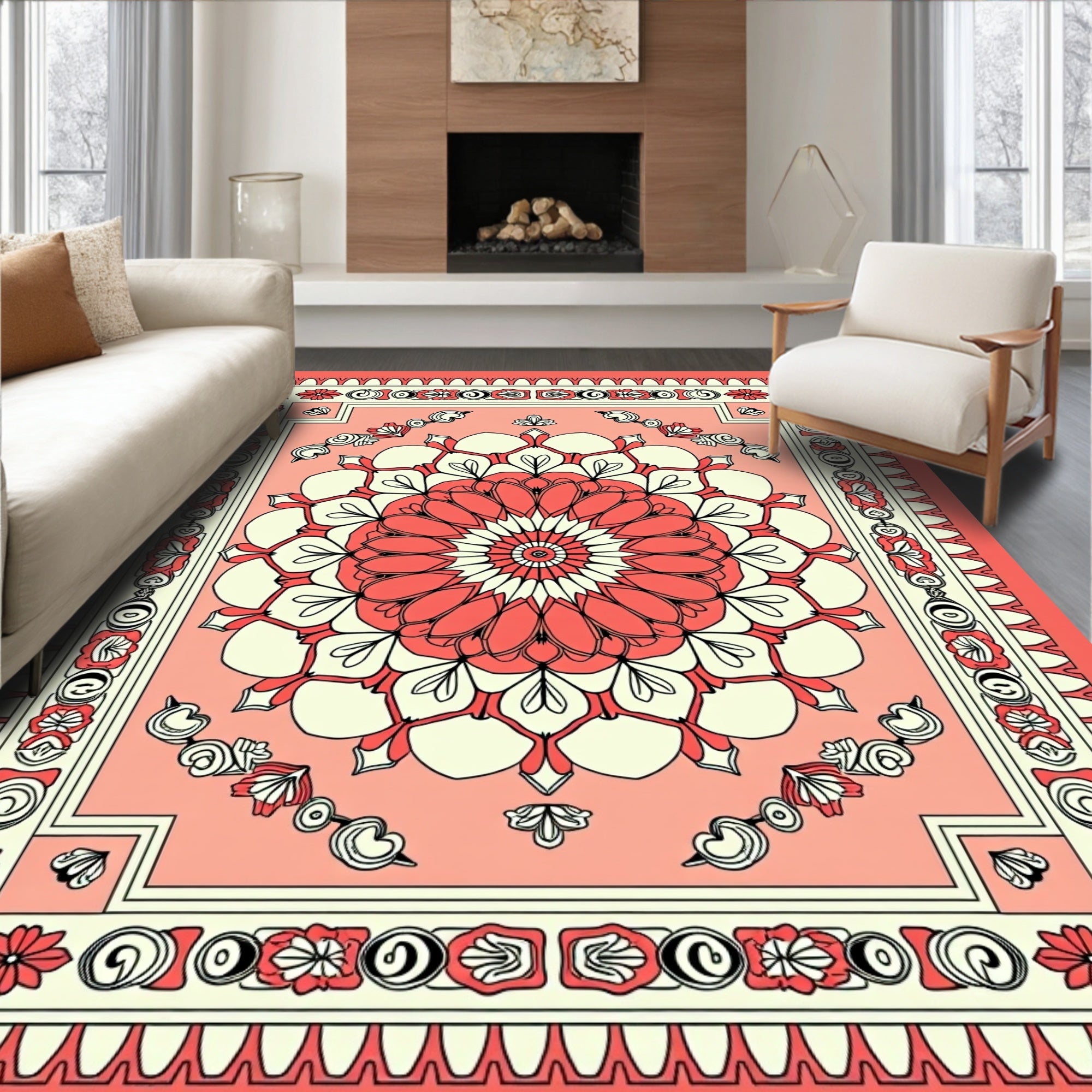 Coral Mandala Floral Pattern Rug