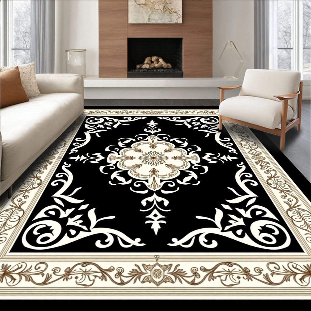 Black and Cream Floral Scroll Rug