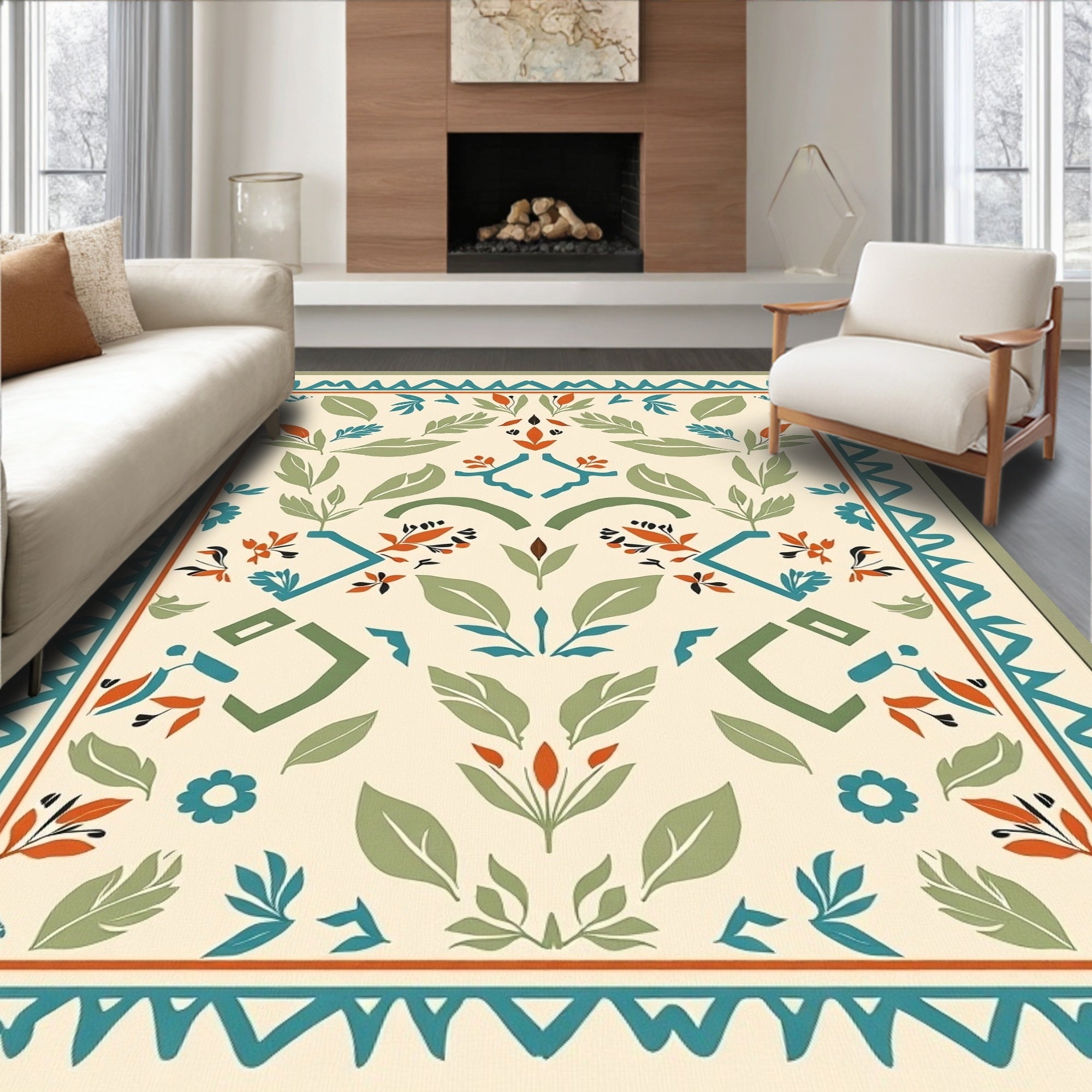 Nature Inspired Geometric Botanical Pattern Rug