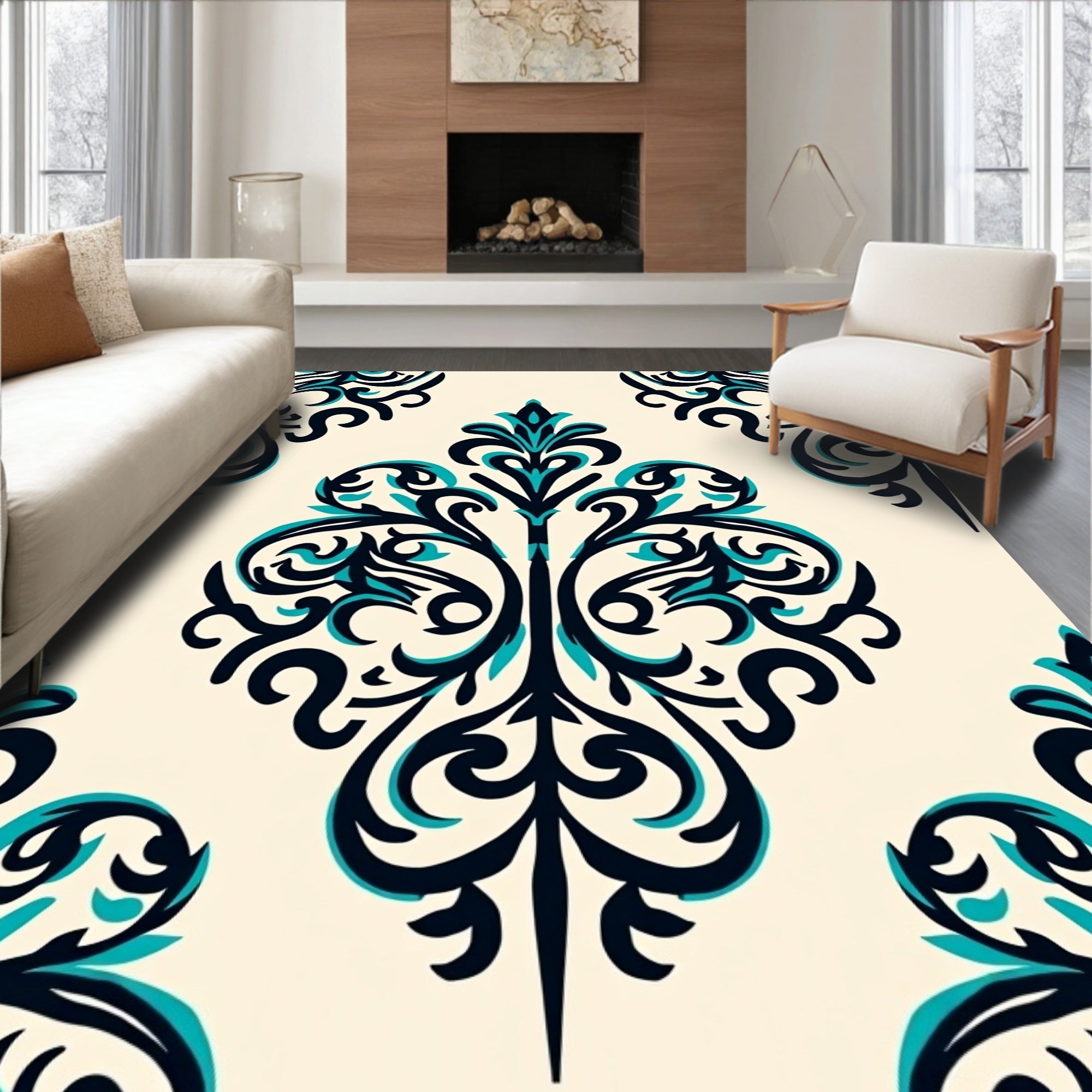 Classic Teal Navy Damask Pattern Rug