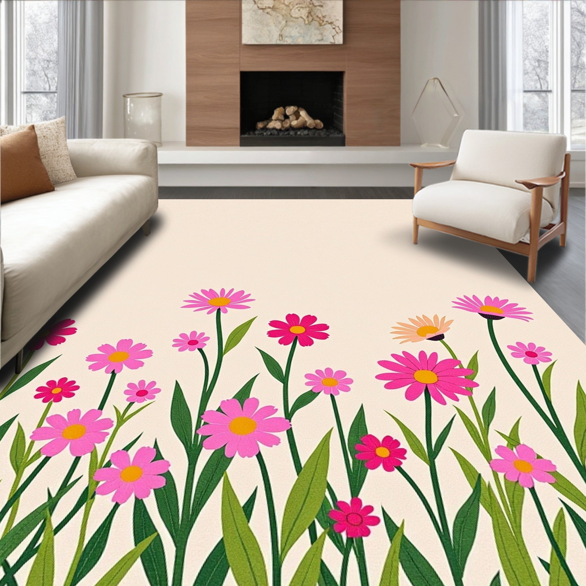 Pink Daisy Meadow Pattern Rug