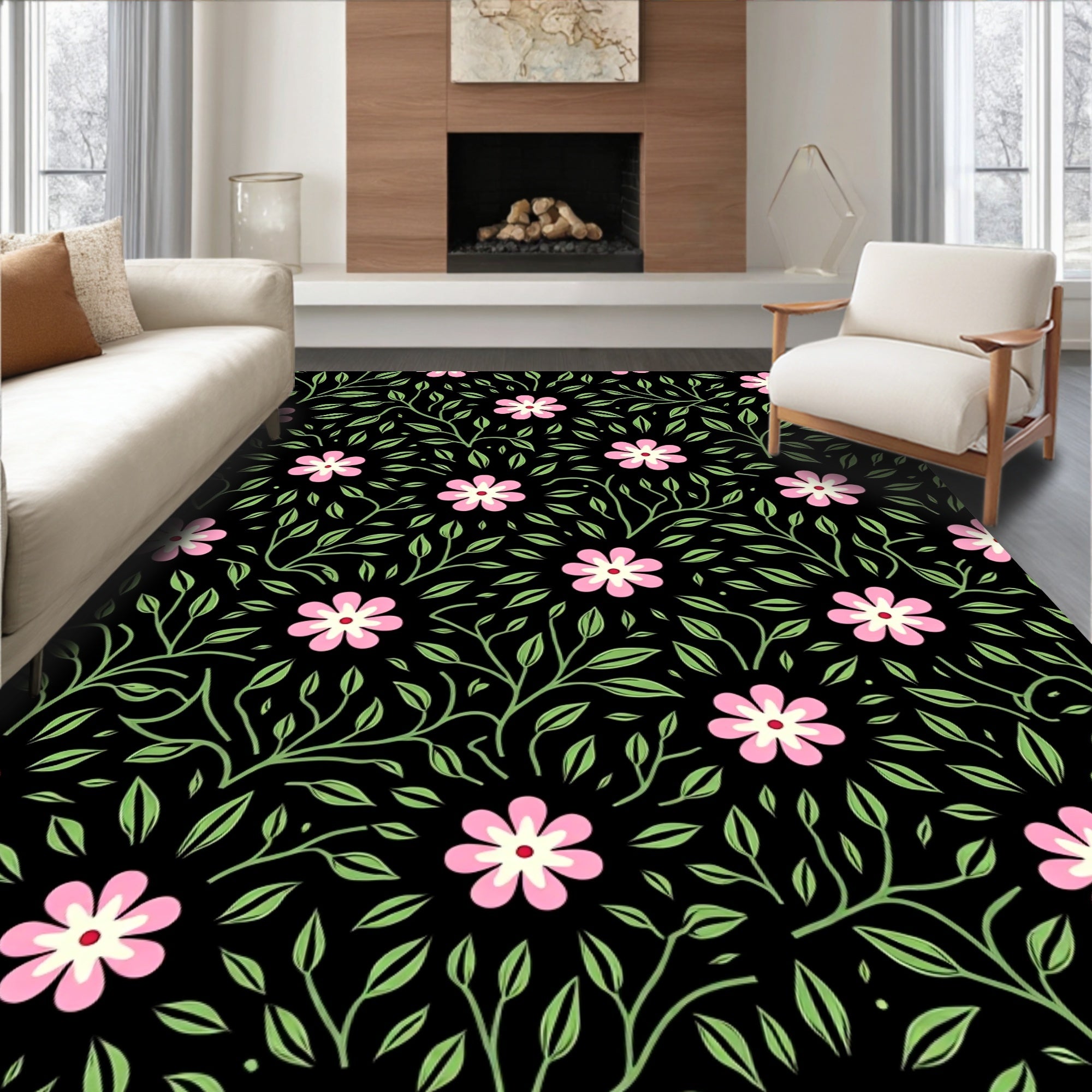 Pink Floral Vine Pattern Design Rug