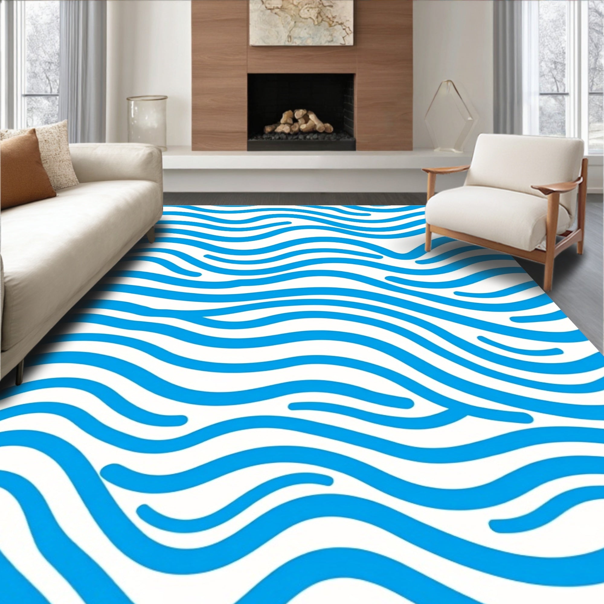 Abstract Blue White Wavy Stripe Design Rug