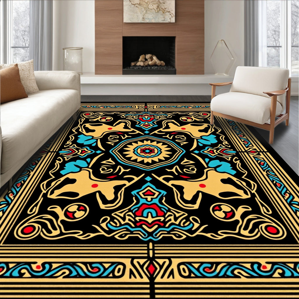 Graphic Gold Red Blue Animal Pattern Rug