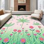 Green Leaf Pink Flower Meadow Rug