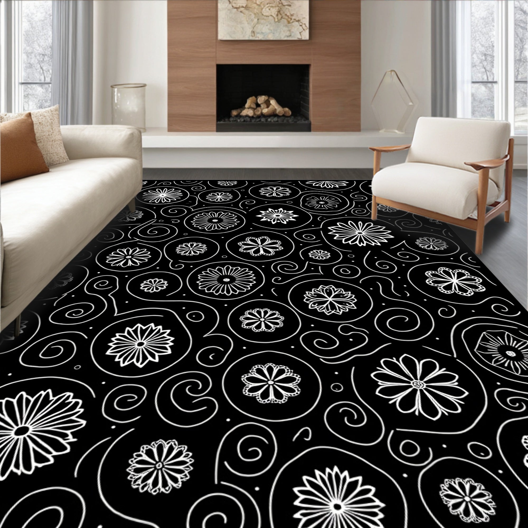 Black White Floral Circles Swirls Rug
