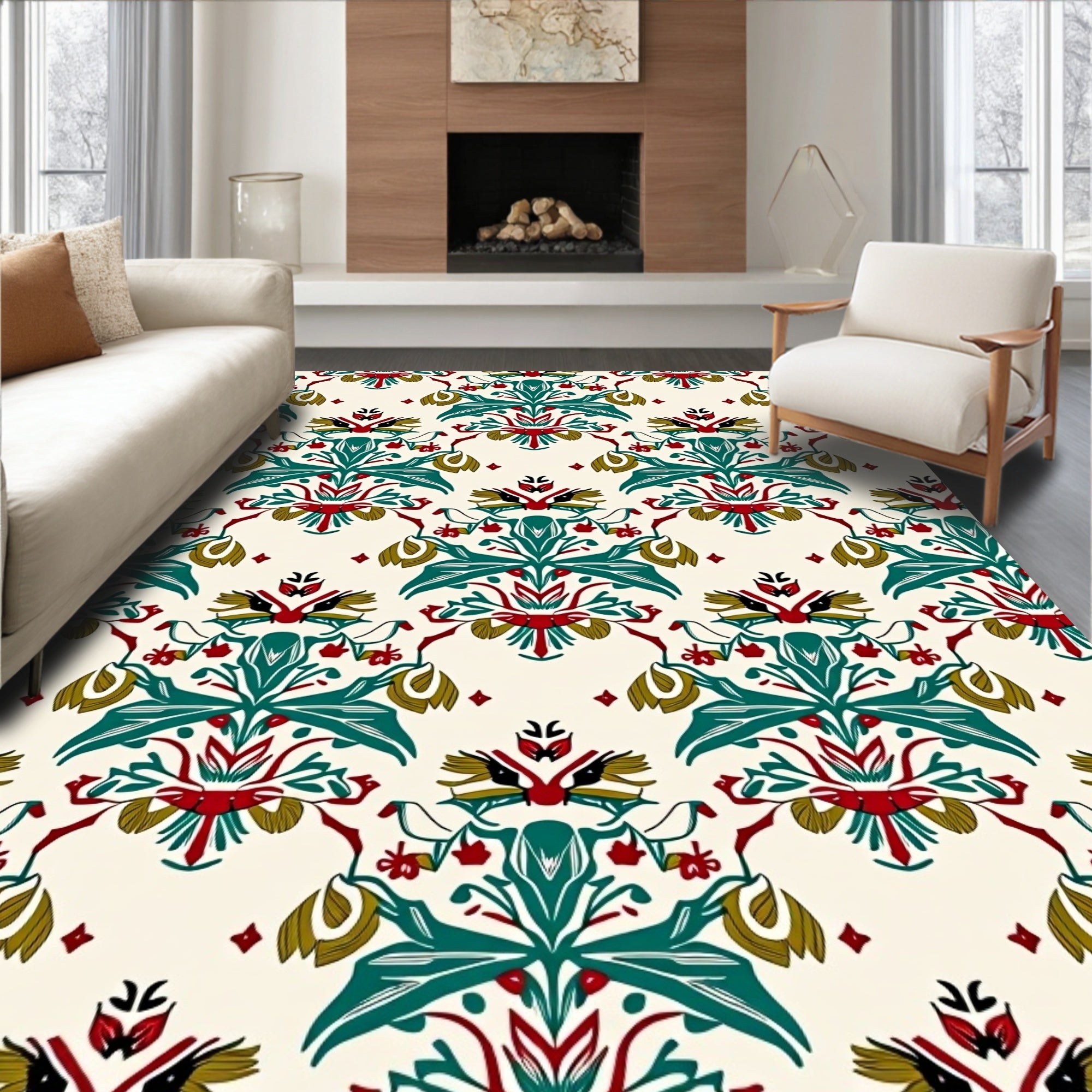 Rich Teal Red Floral Bird Medallion Rug