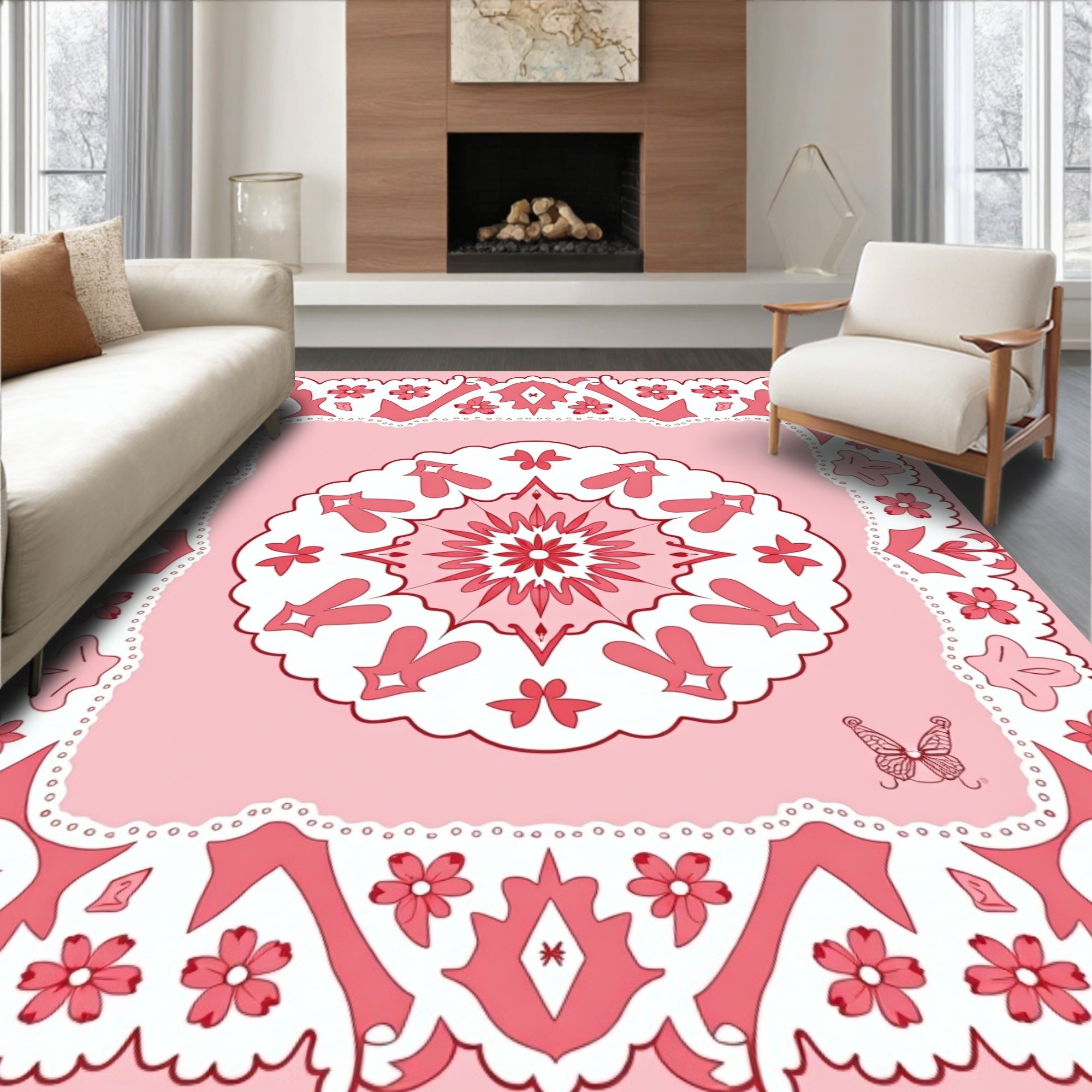 Floral Mandala Patterned Pink Rug