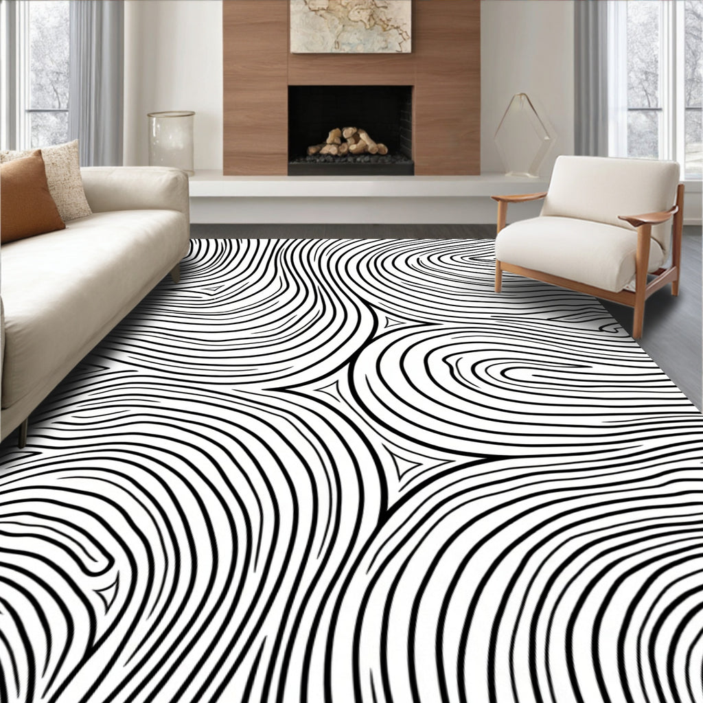 Abstract Black White Wavy Contour Rug