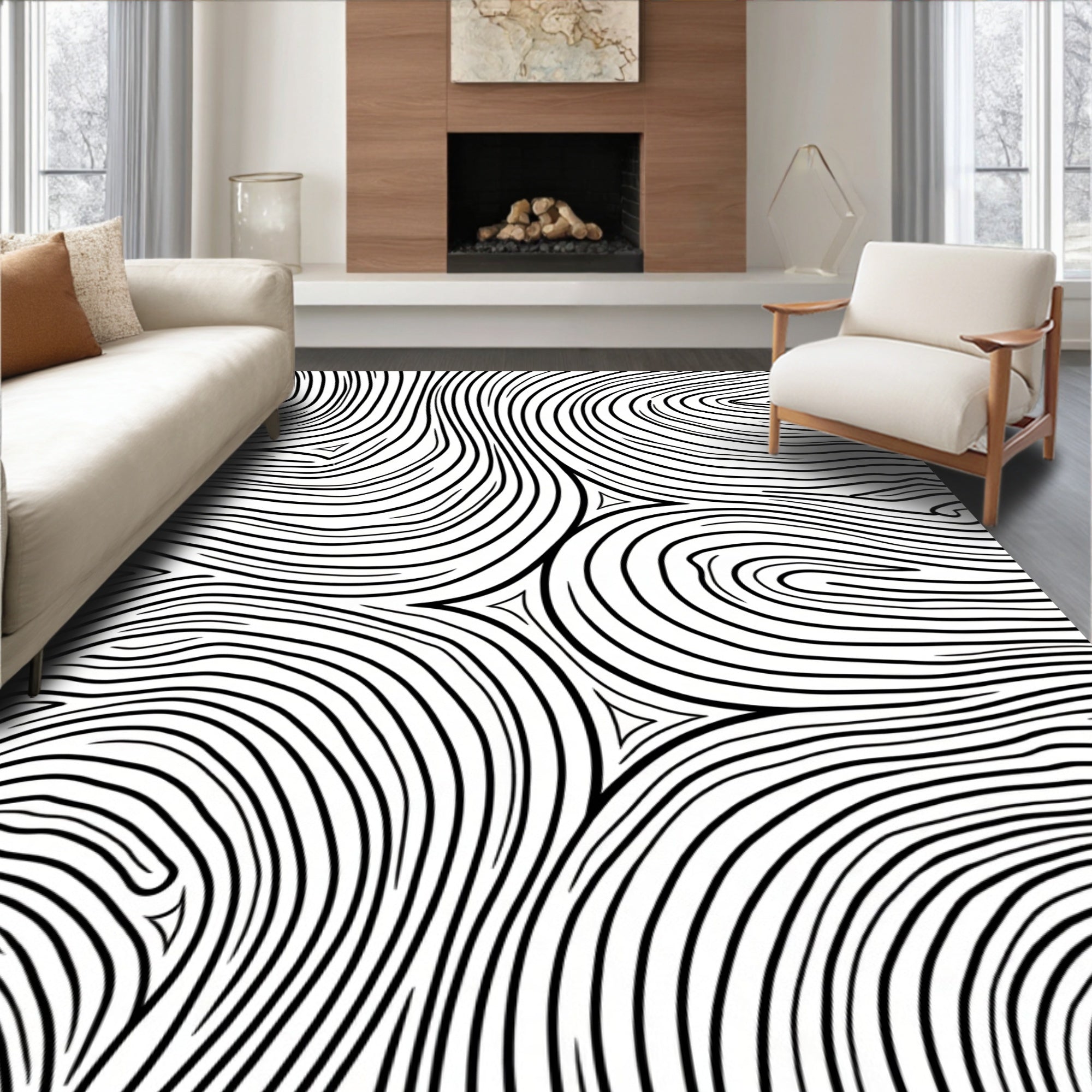 Abstract Black White Wavy Contour Rug