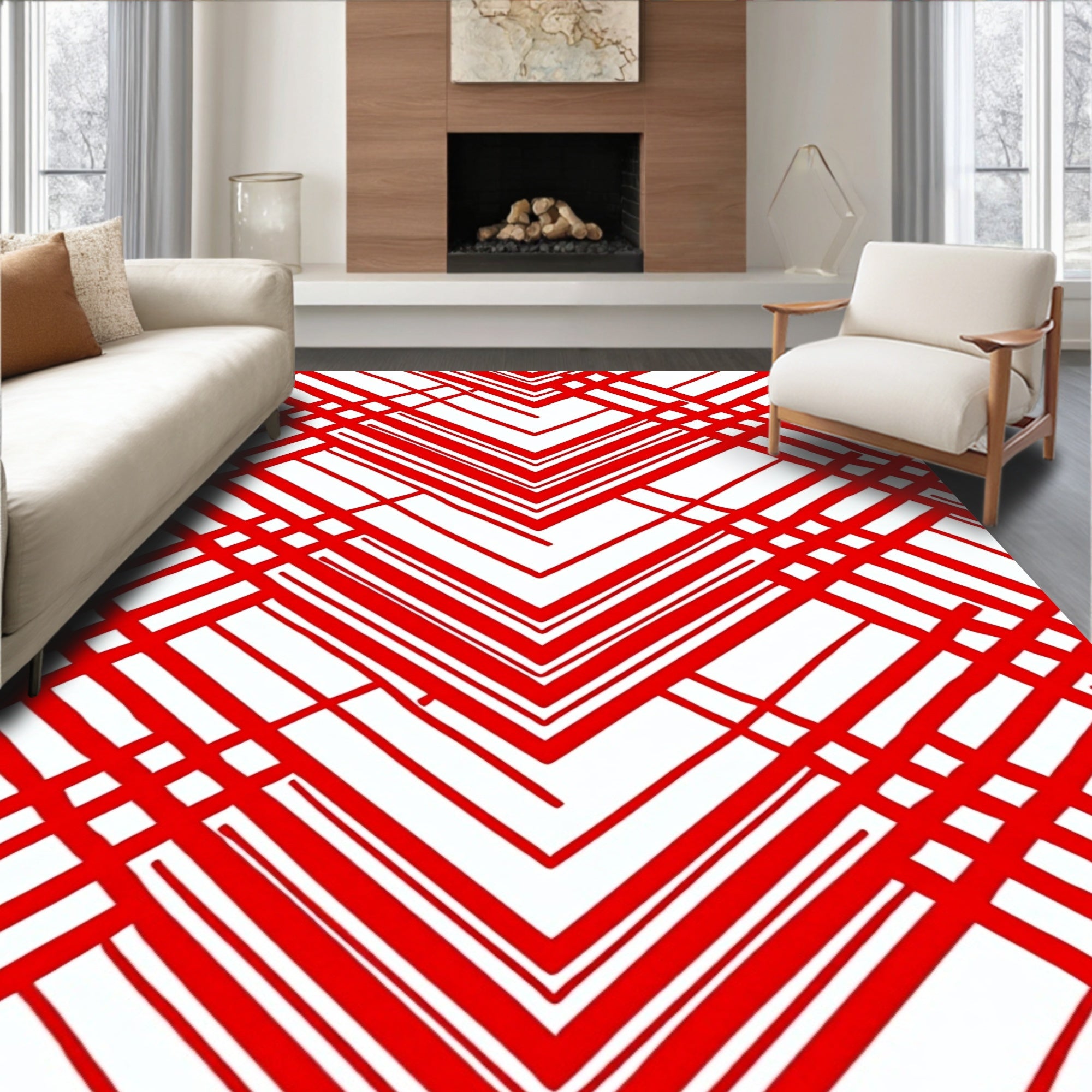 Red V Chevron Lattice Pattern Rug