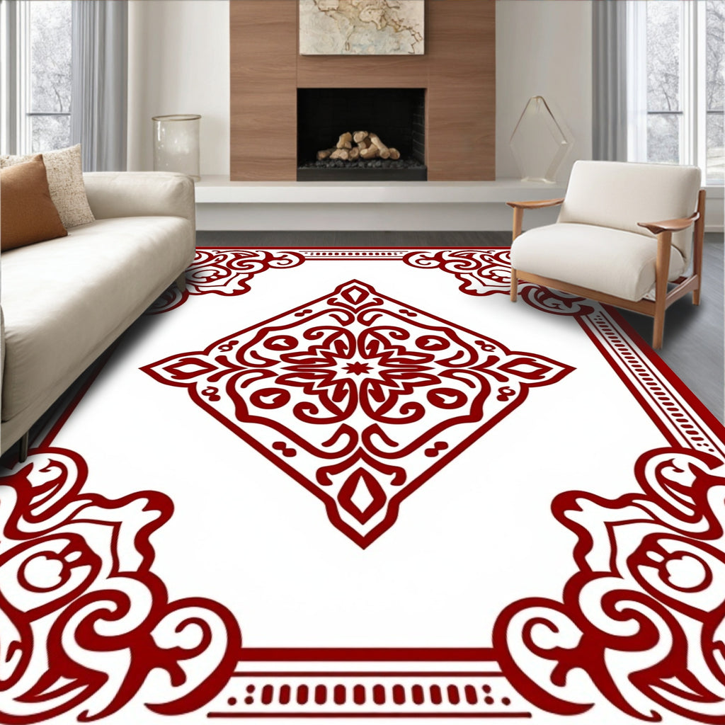Ornate Red Floral Diamond Pattern Rug