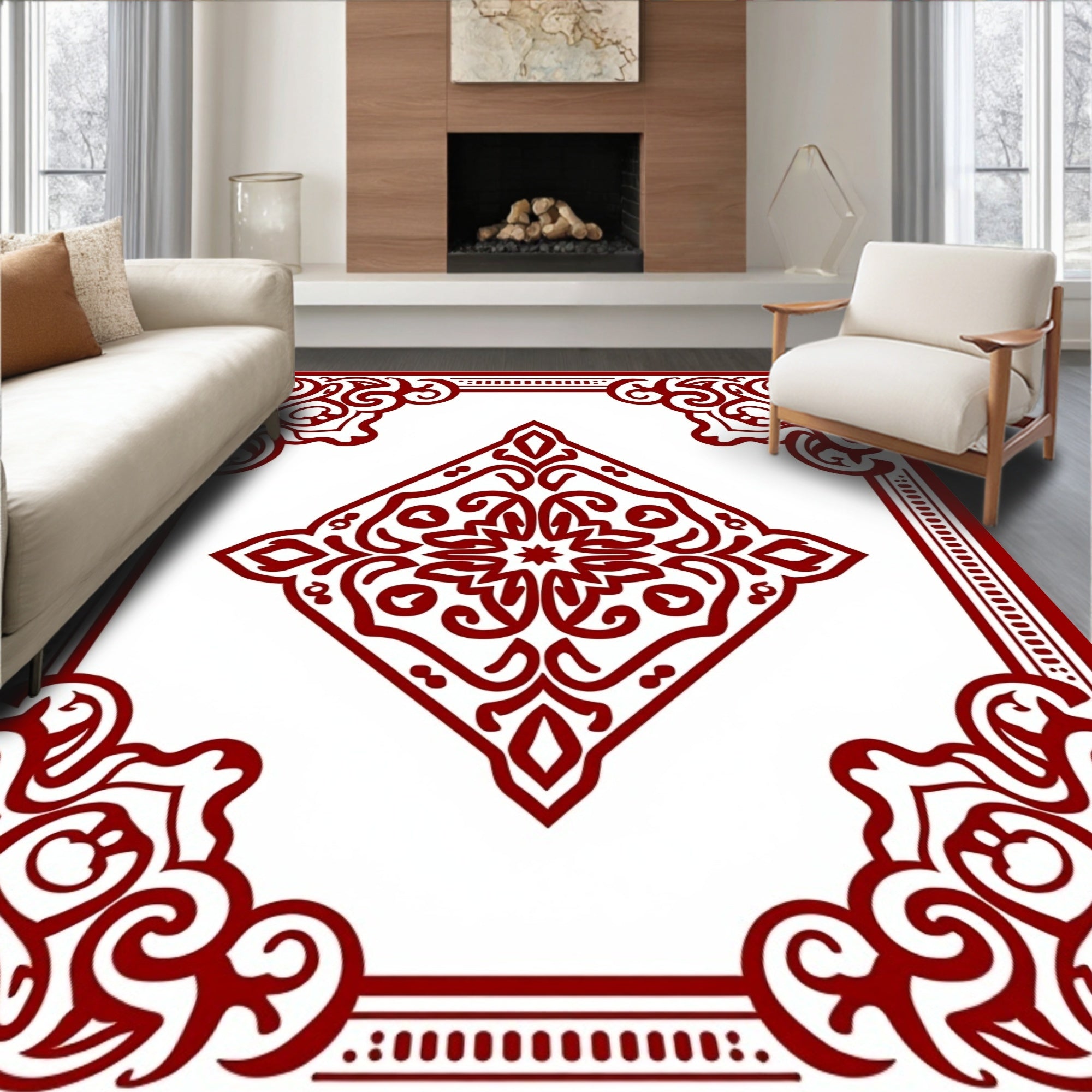 Ornate Red Floral Diamond Pattern Rug