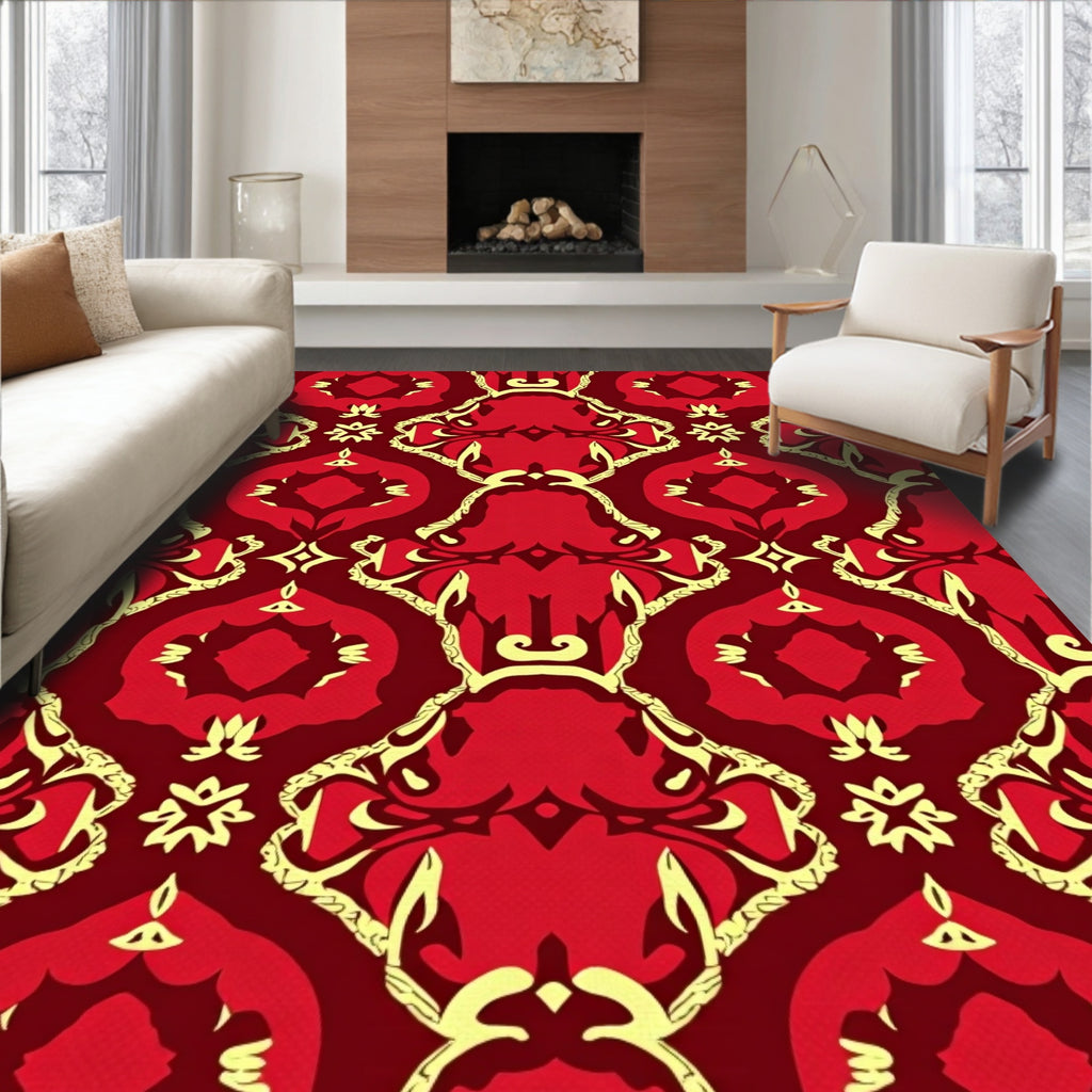 Red Yellow Ornate Scrollwork Pattern Rug