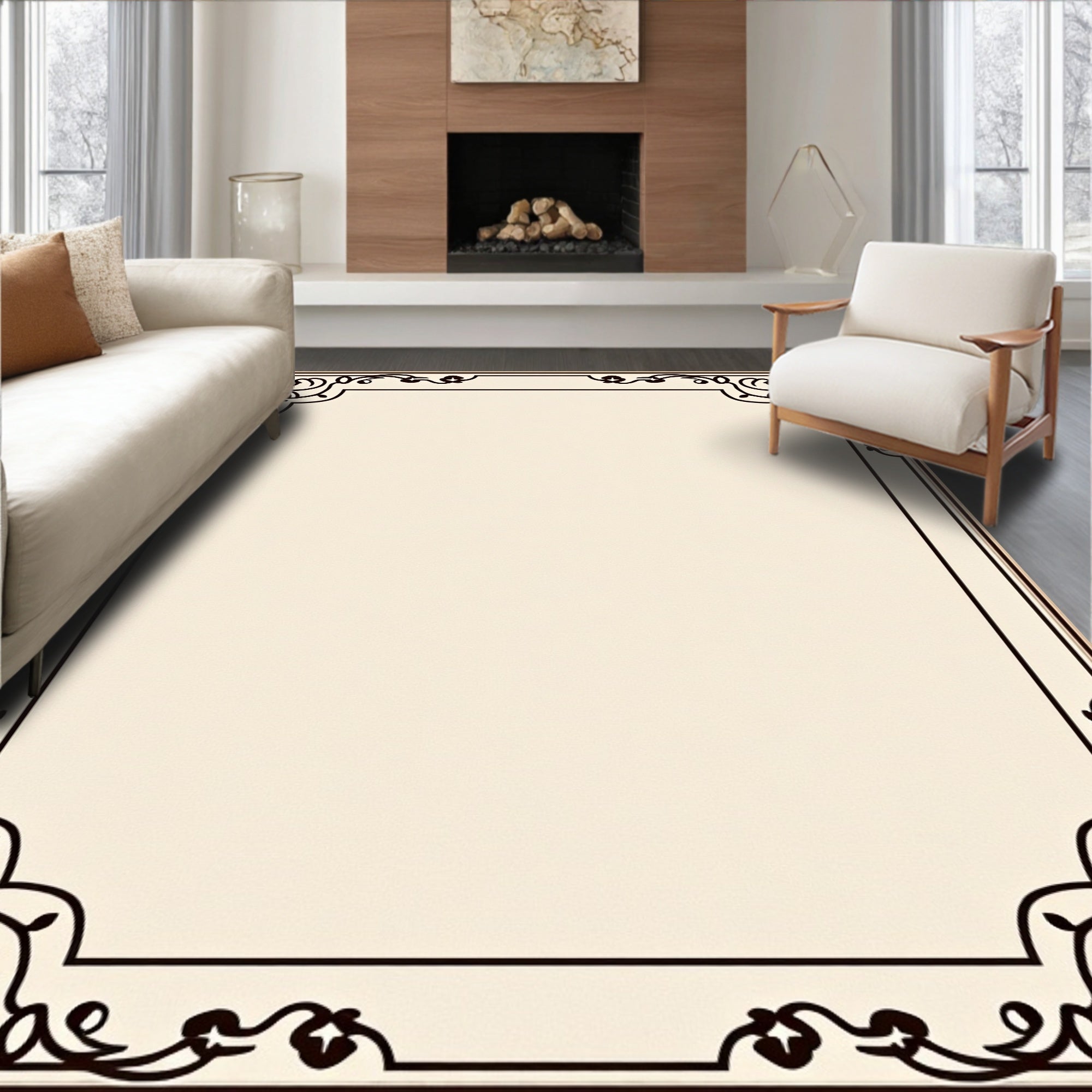 Ornate Black Filigree Corner Design Rug