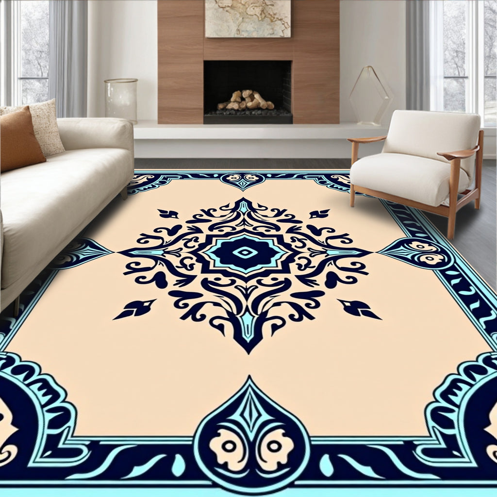 Intricate Floral Medallion Cream Navy Rug