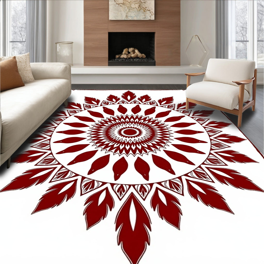 Crimson Sunburst Mandala Pattern Rug