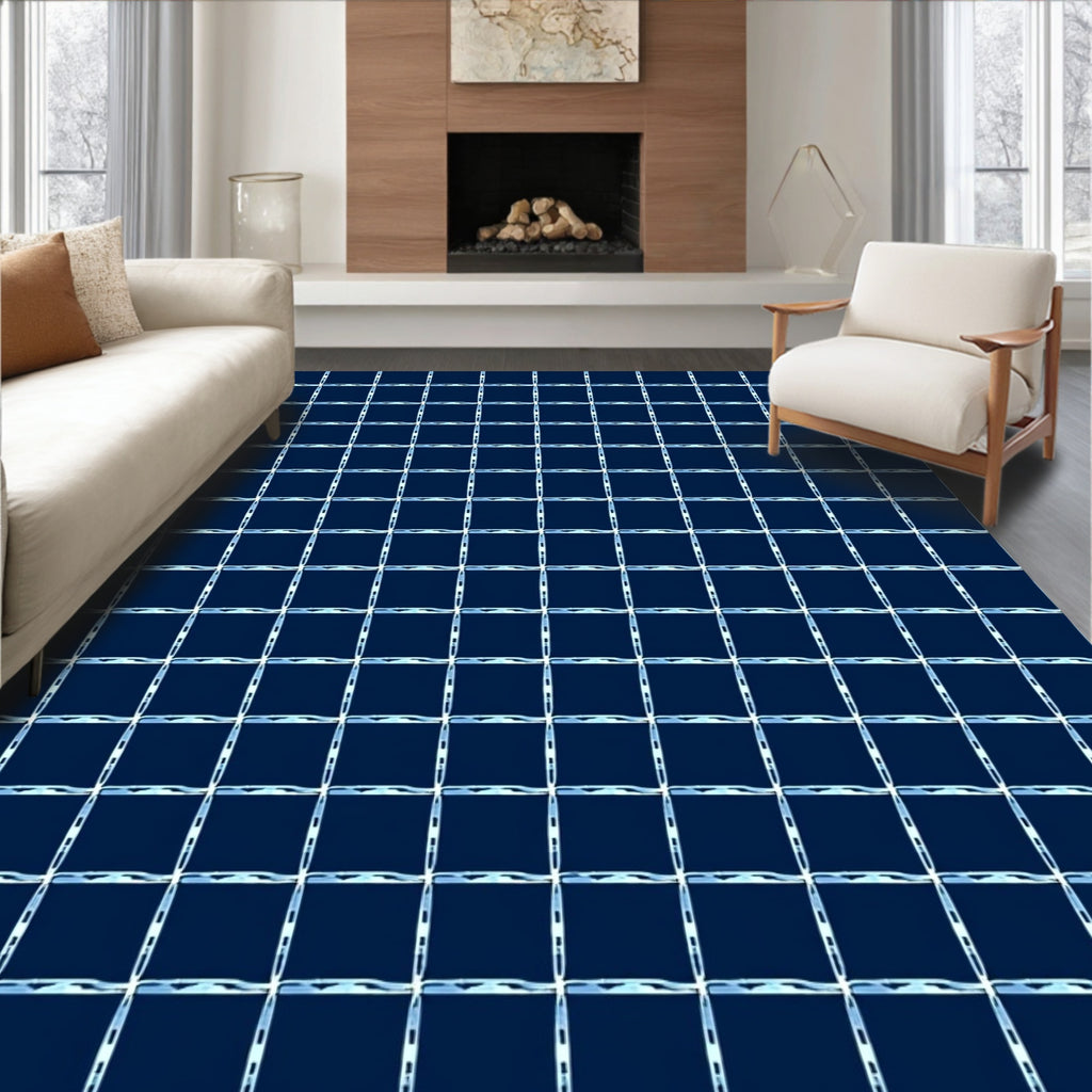 Deep Blue Grid Pattern Rug