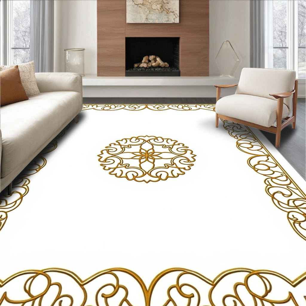 Ornate Gold Scrollwork Medallion Frame Rug
