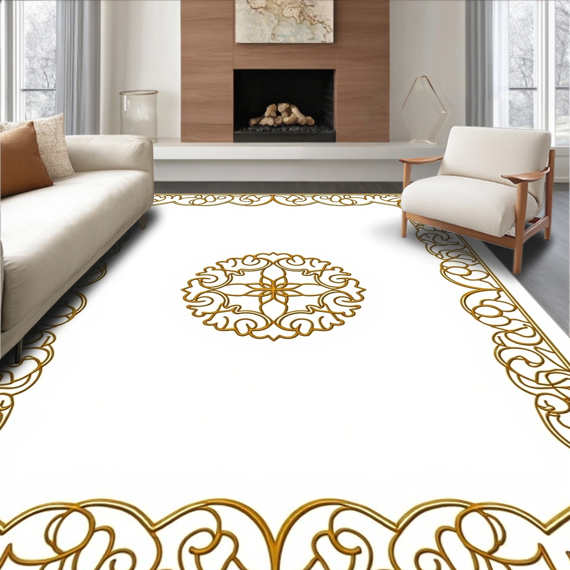 Ornate Gold Scrollwork Medallion Frame Rug