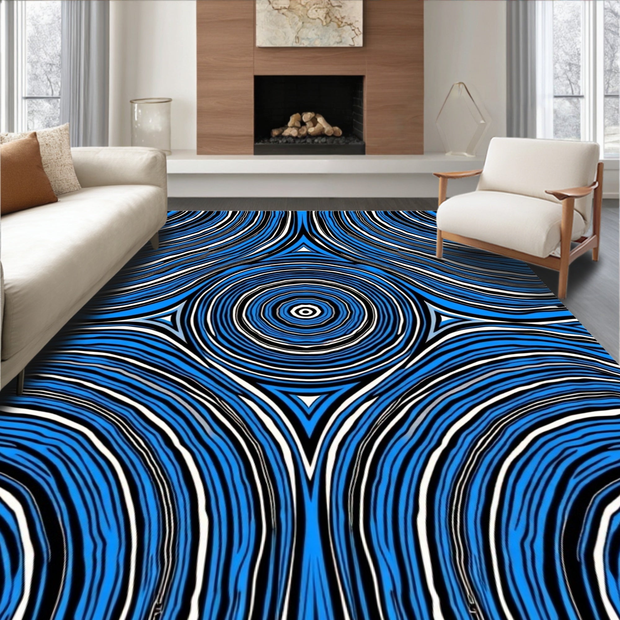Bold Blue White Wavy Stripes Rug