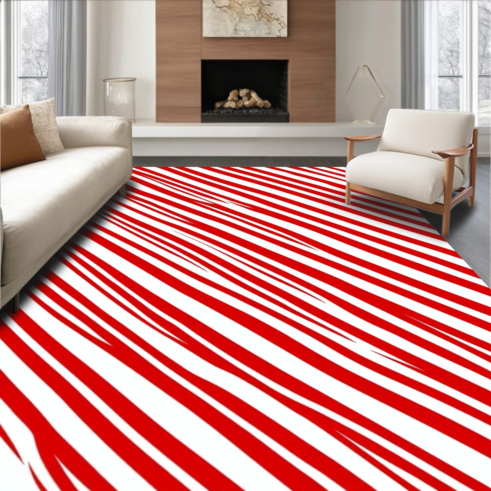 Dynamic Red White Stripes Pattern Rug
