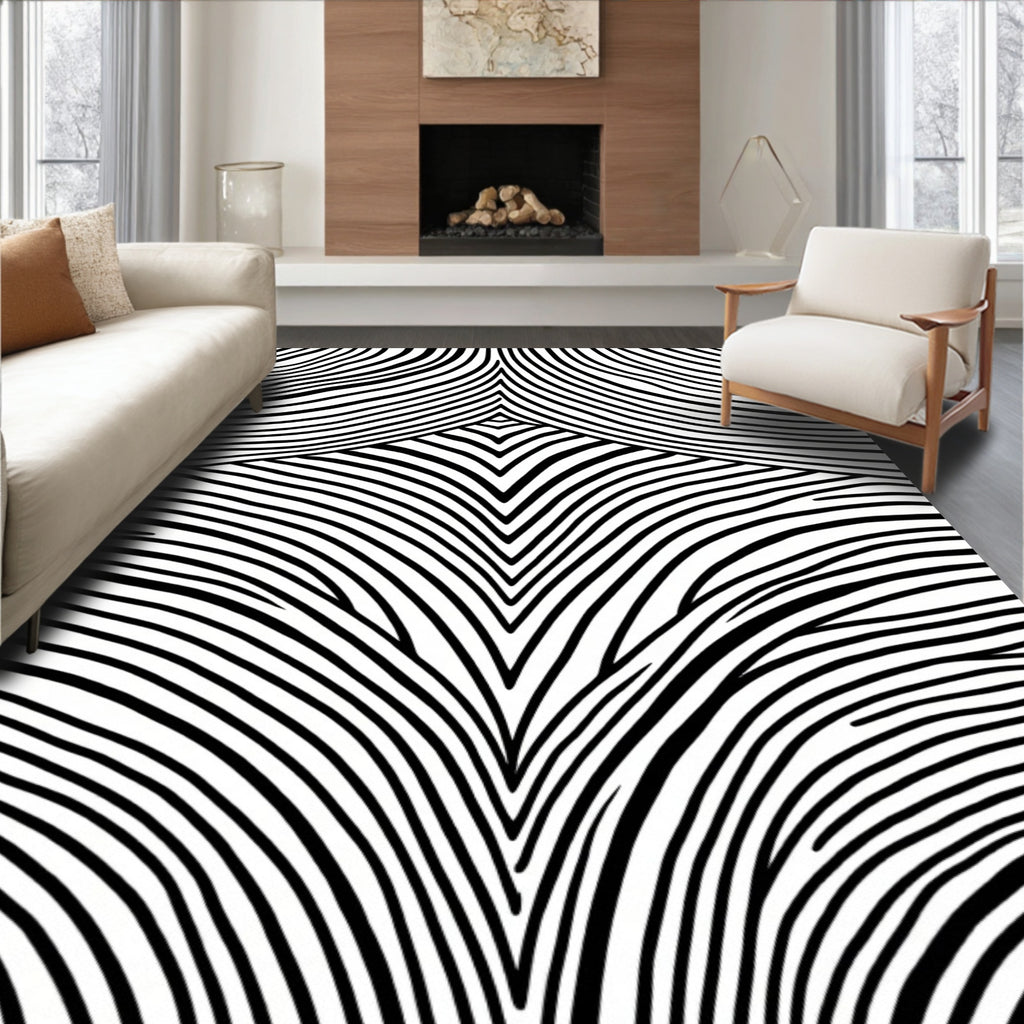 Bold Black White Curved Lines Rug
