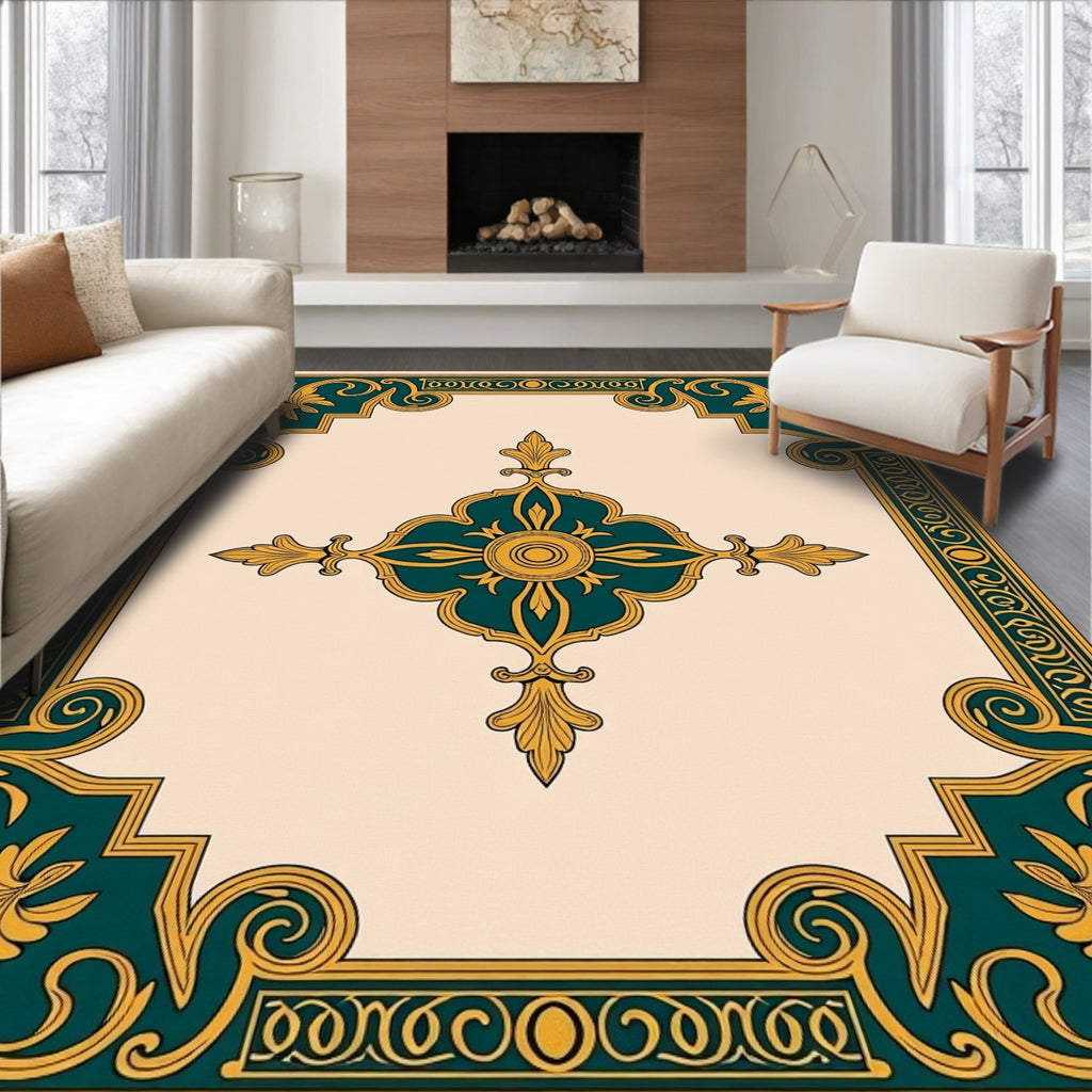 Ornate Teal Gold Floral Pattern Rug