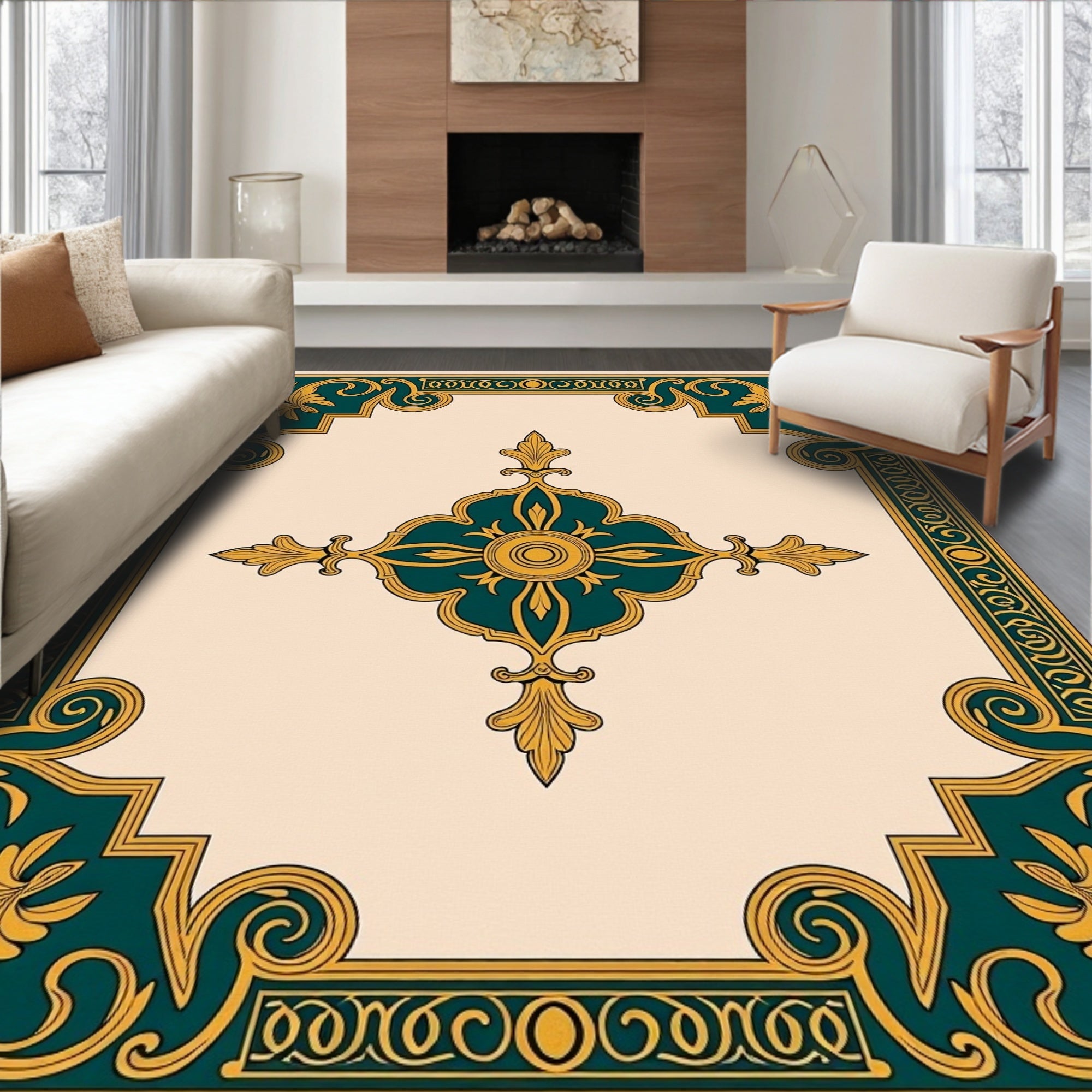 Ornate Teal Gold Floral Pattern Rug
