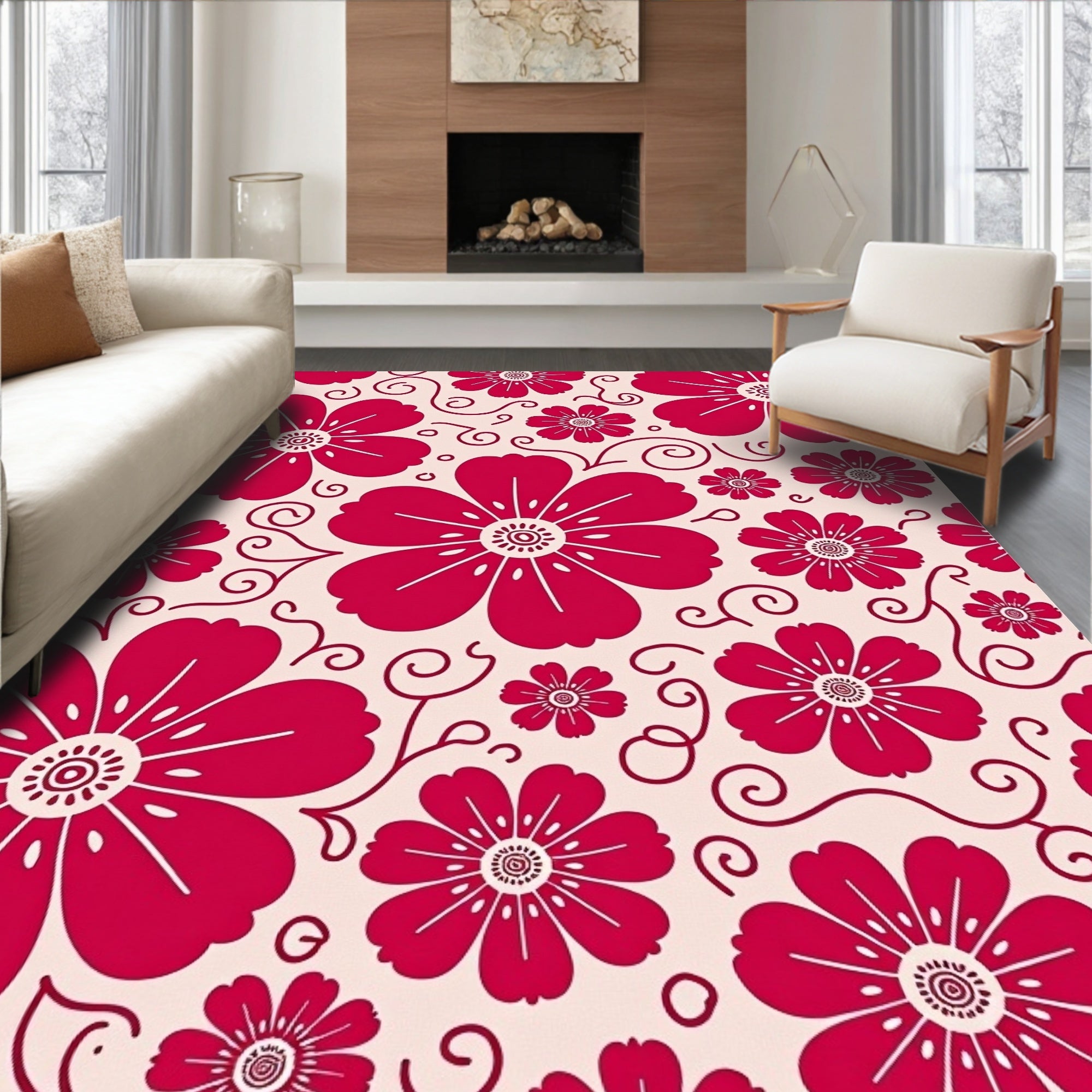 Crimson Floral Pattern with Swirls Rug