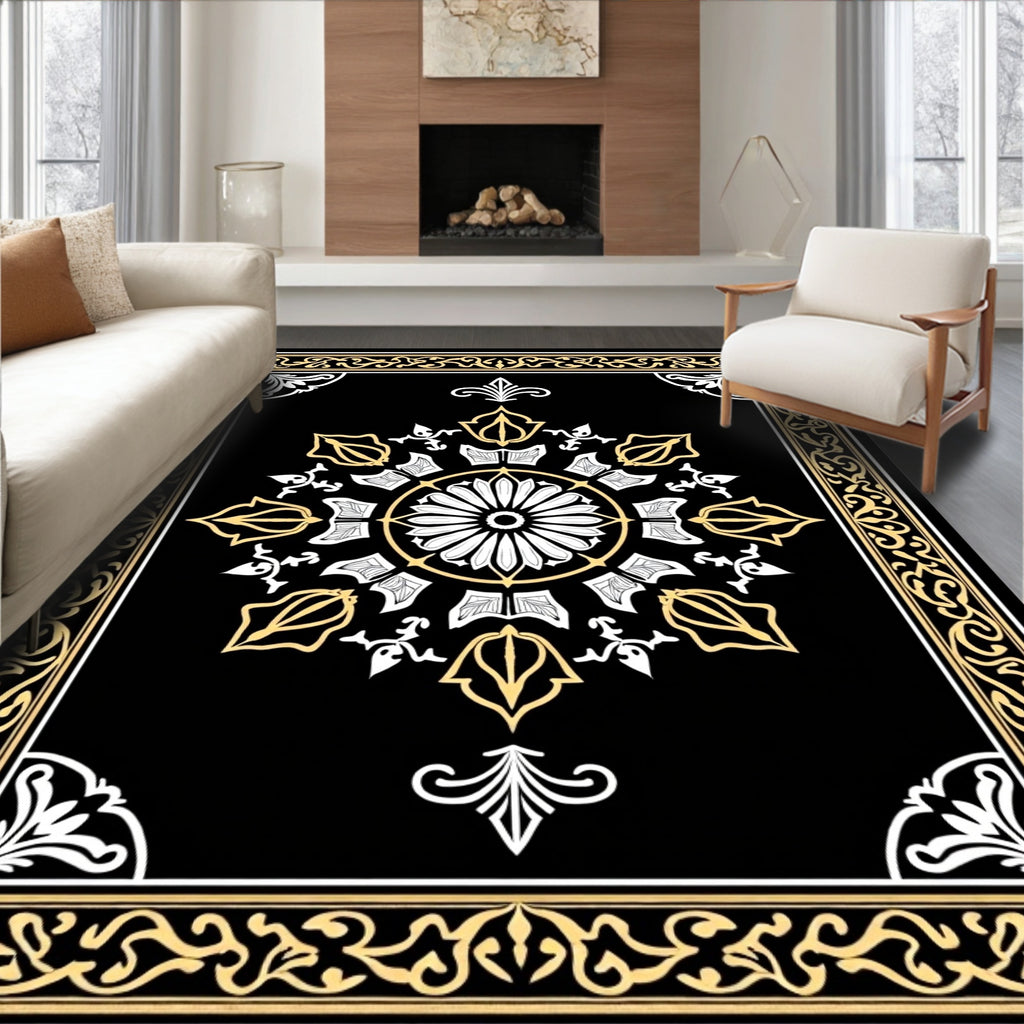 Elegant Black Gold Floral Medallion Rug