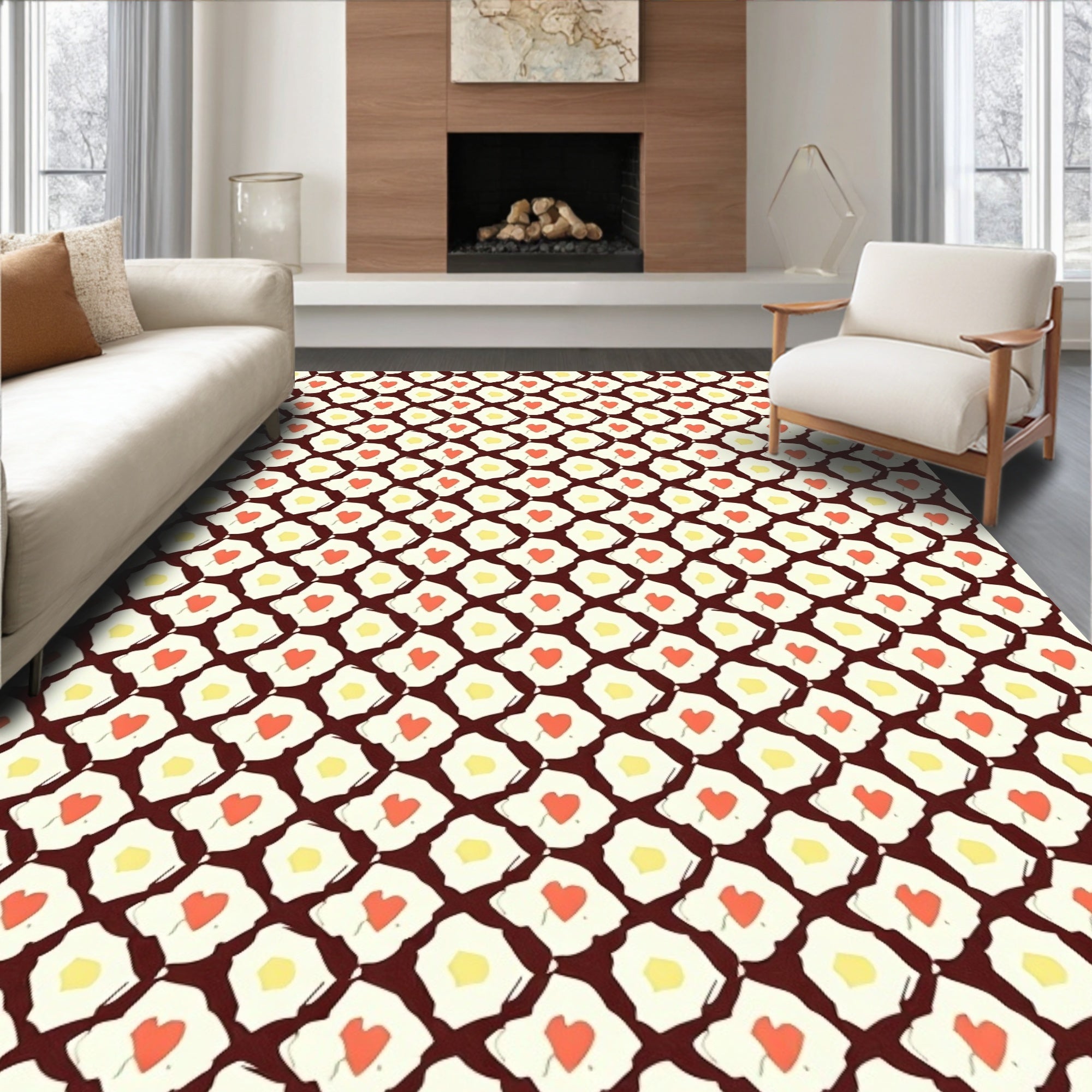 Quaint Red Hearts Cream Pattern Rug