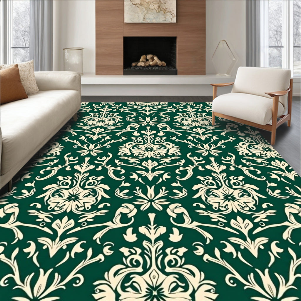 Classic Emerald Damask Floral Pattern Rug
