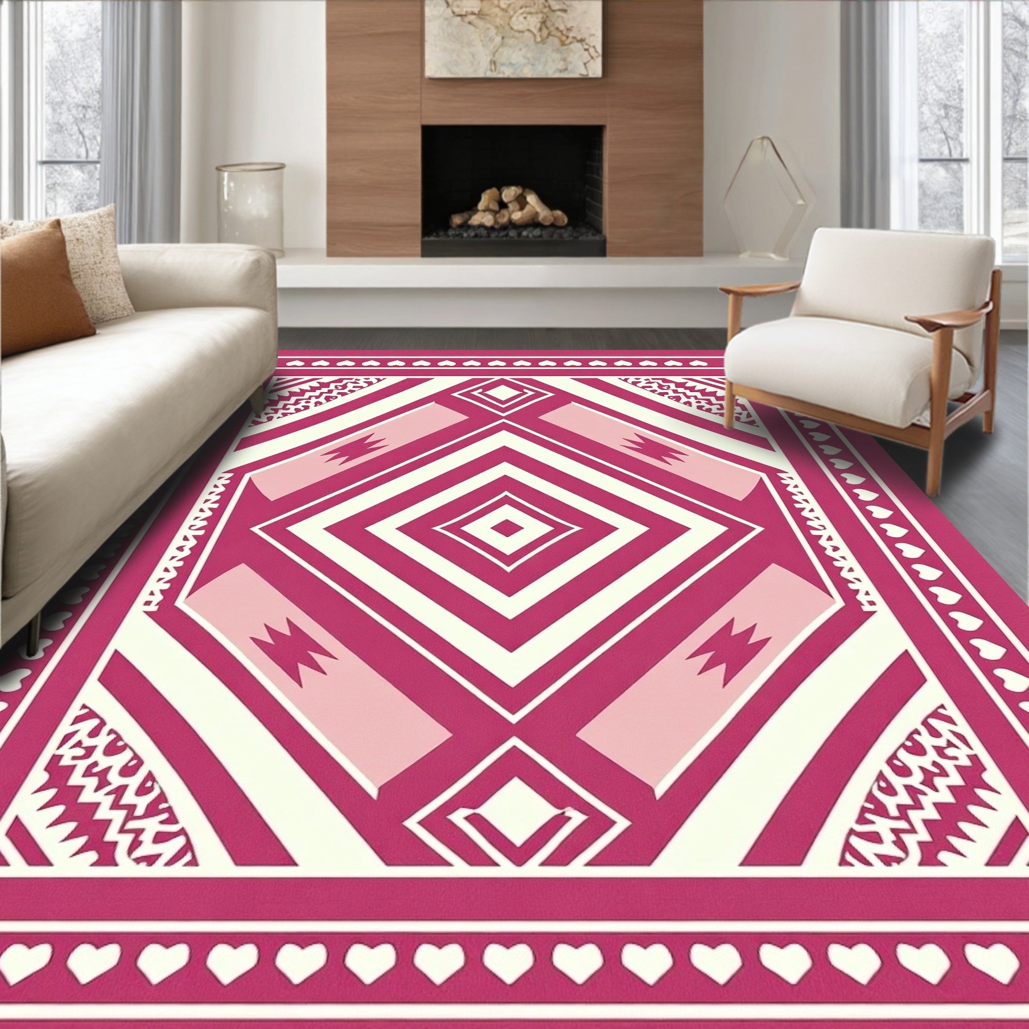 Geometric Diamond Pattern With Hearts Rug