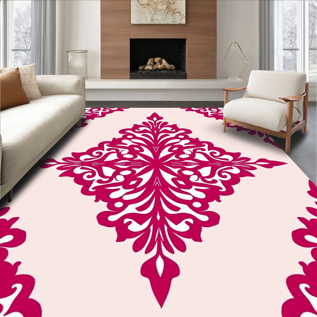 Vibrant Fushia Floral Scroll Pattern Rug