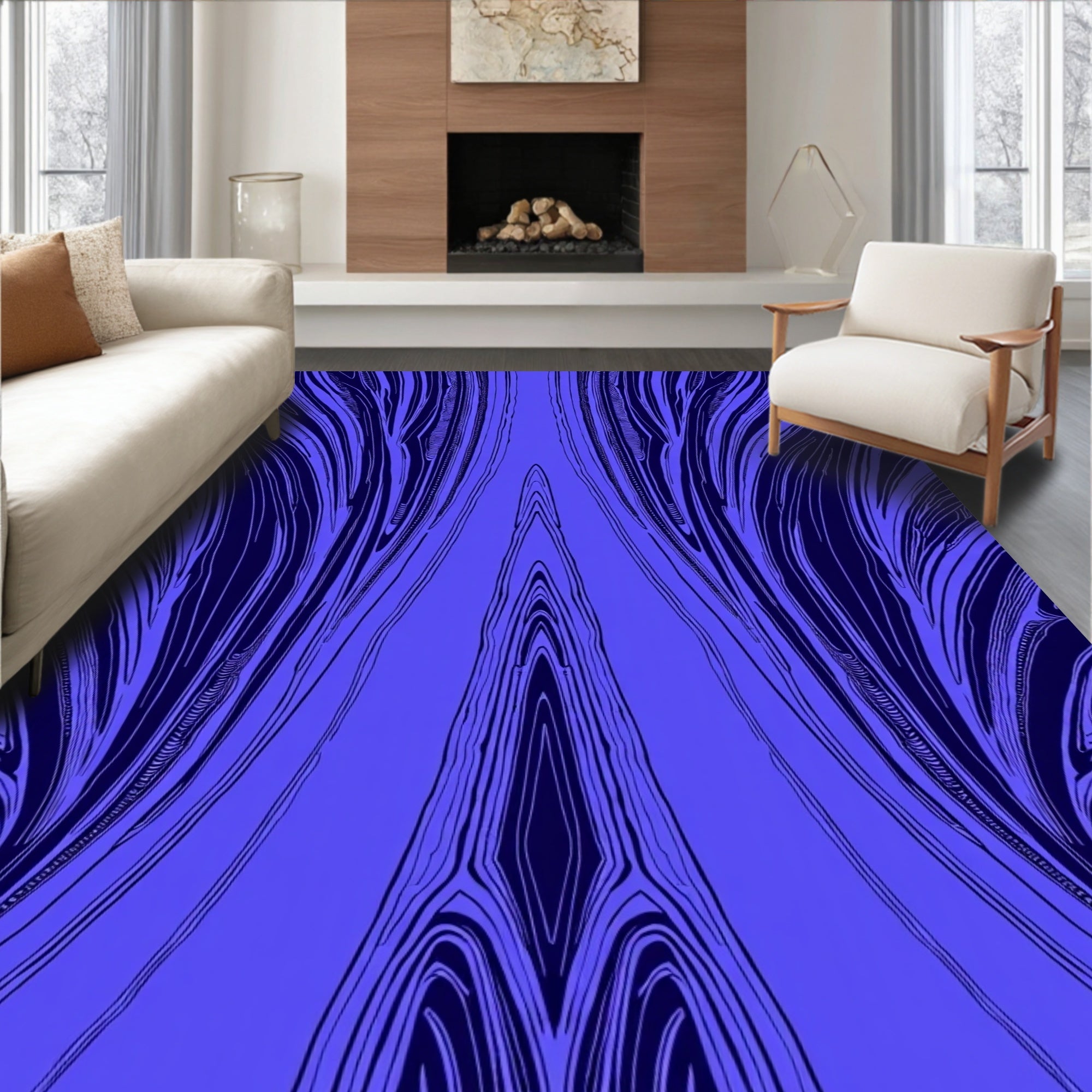 Abstract Blue Silhouette Wavy Pattern Rug