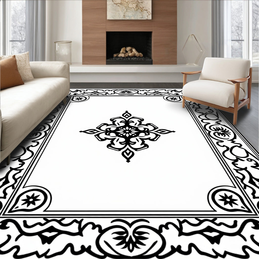 Bold Black White Ornate Pattern Rug
