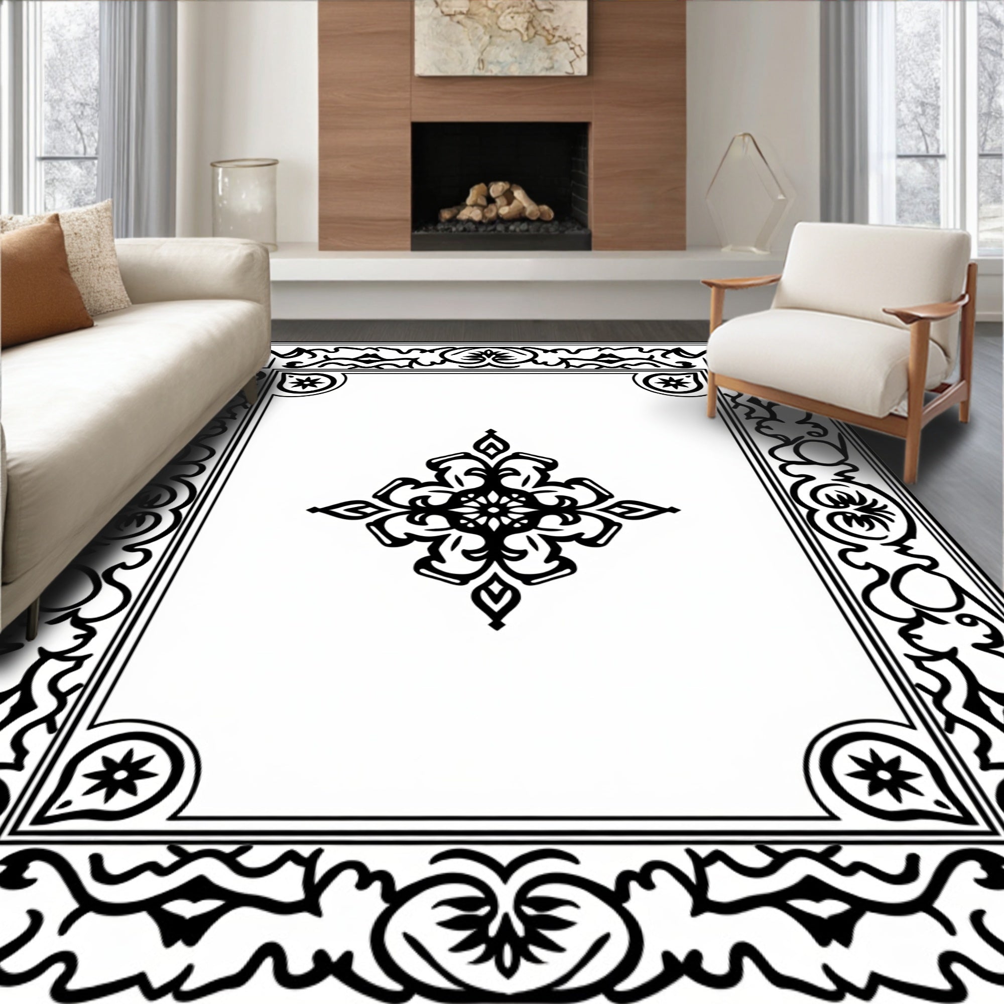 Bold Black White Ornate Pattern Rug