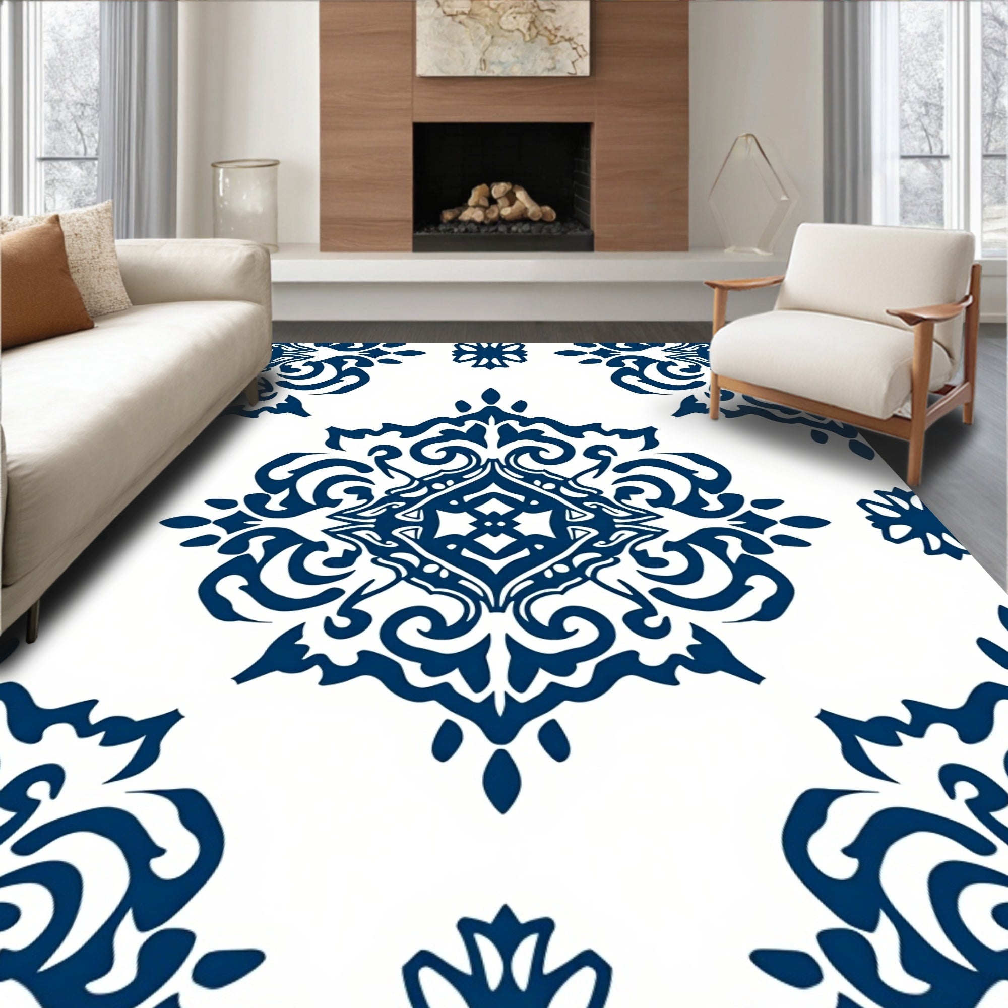 Deep Blue Ornamental Flourish Design Rug