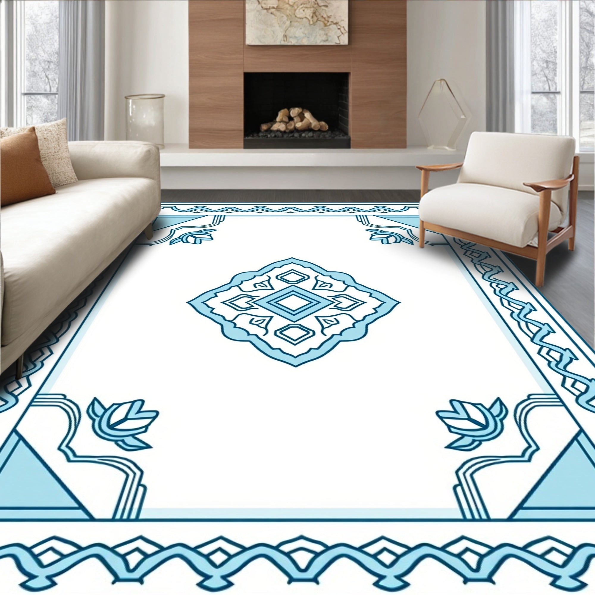Ornate Blue Floral Geometric Rug
