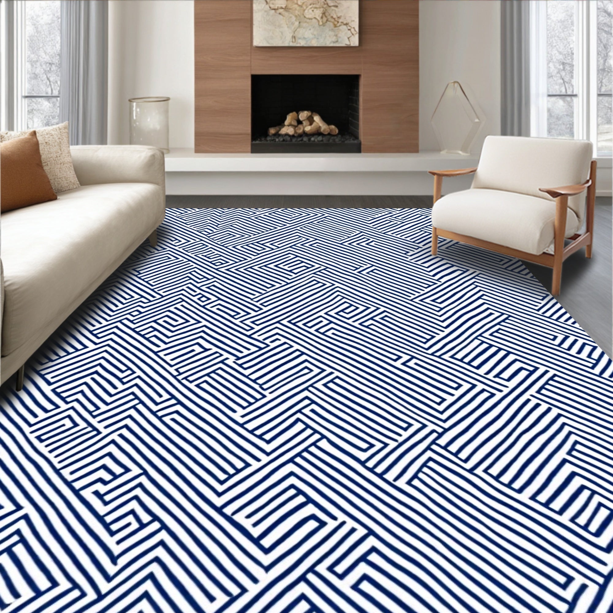 Abstract Maze Blue Line Pattern Rug