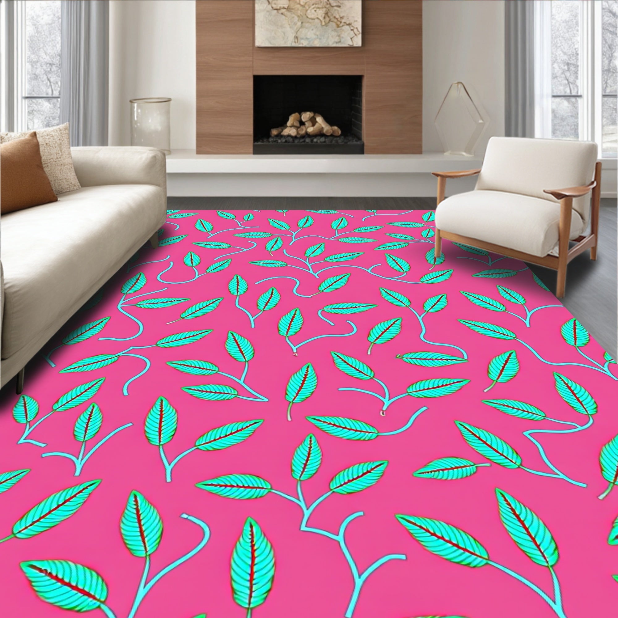 Vibrant Pink Teal Leaf Pattern Rug