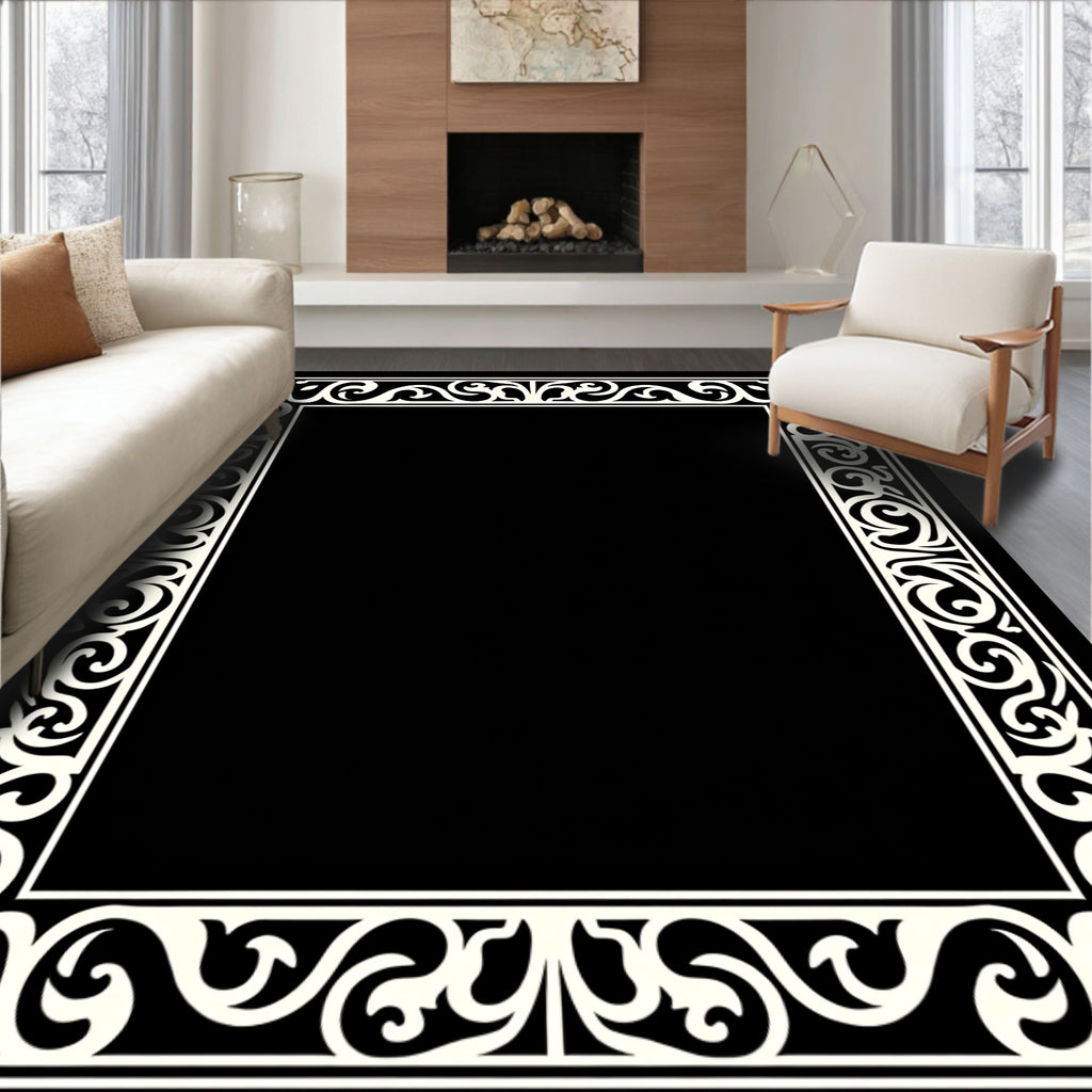Ornate Scrollwork Black Cream Border Rug