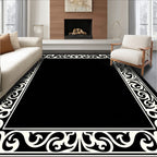 Ornate Scrollwork Black Cream Border Rug