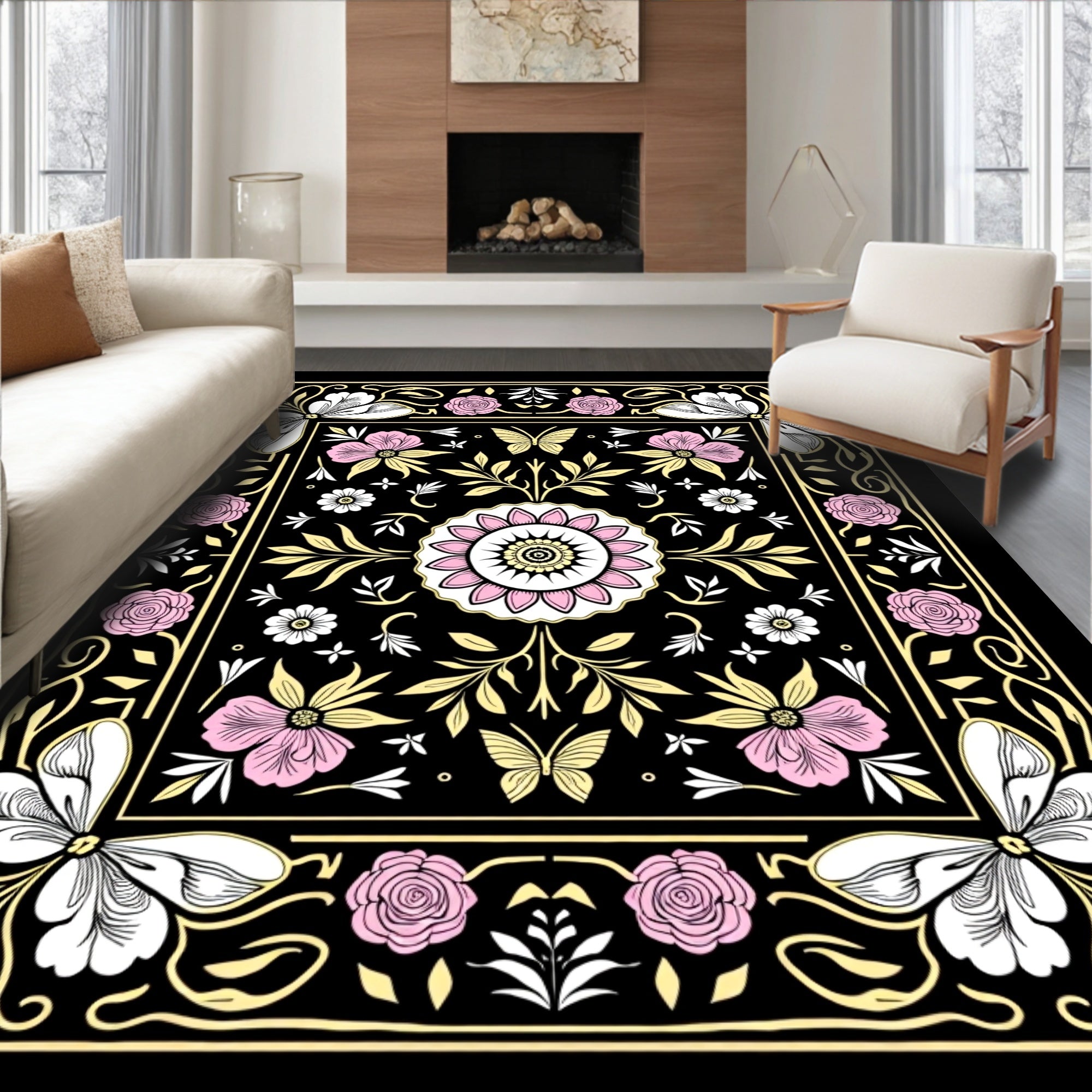 Vintage floral and butterfly patterned Rug
