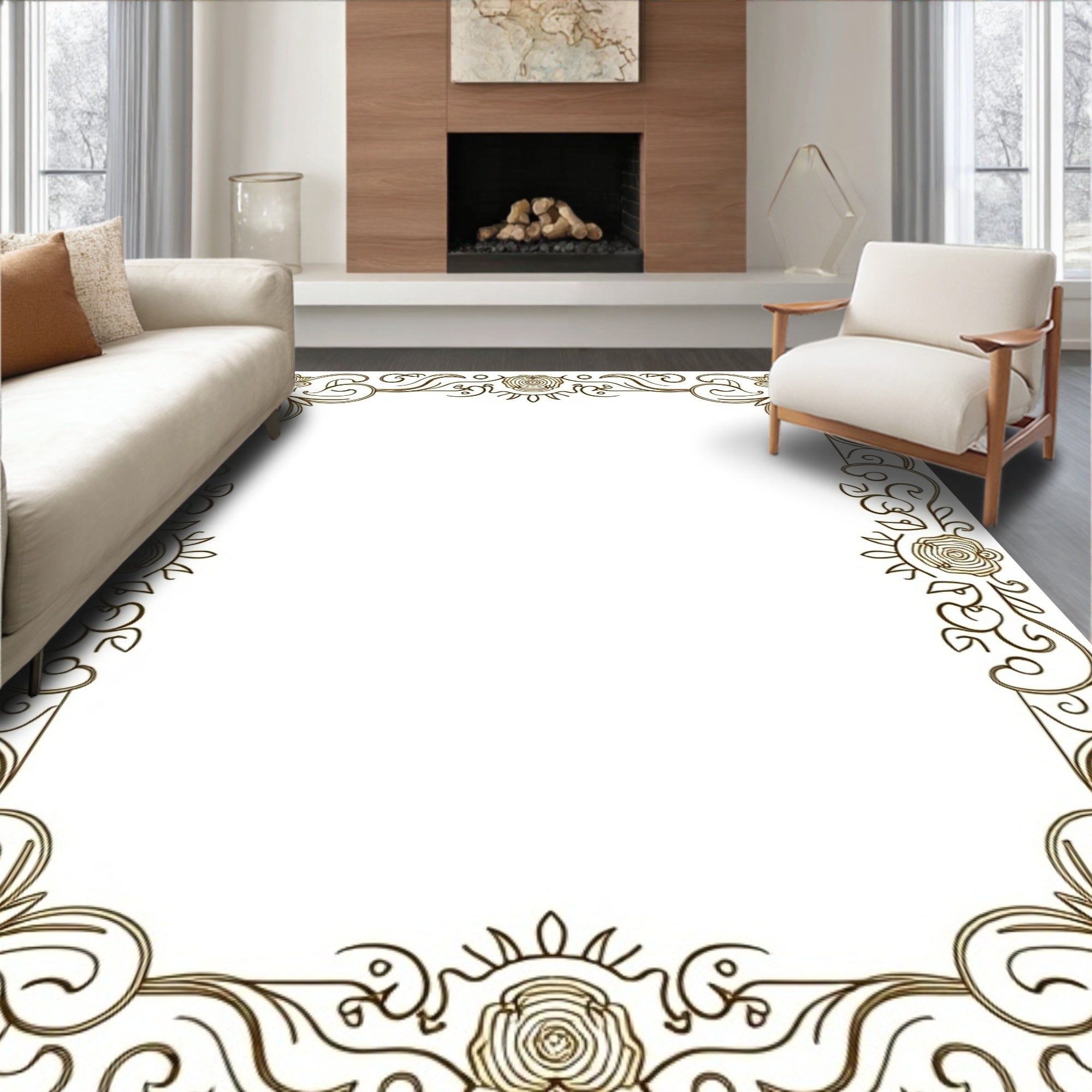Ornate Golden Floral Swirl Border Rug