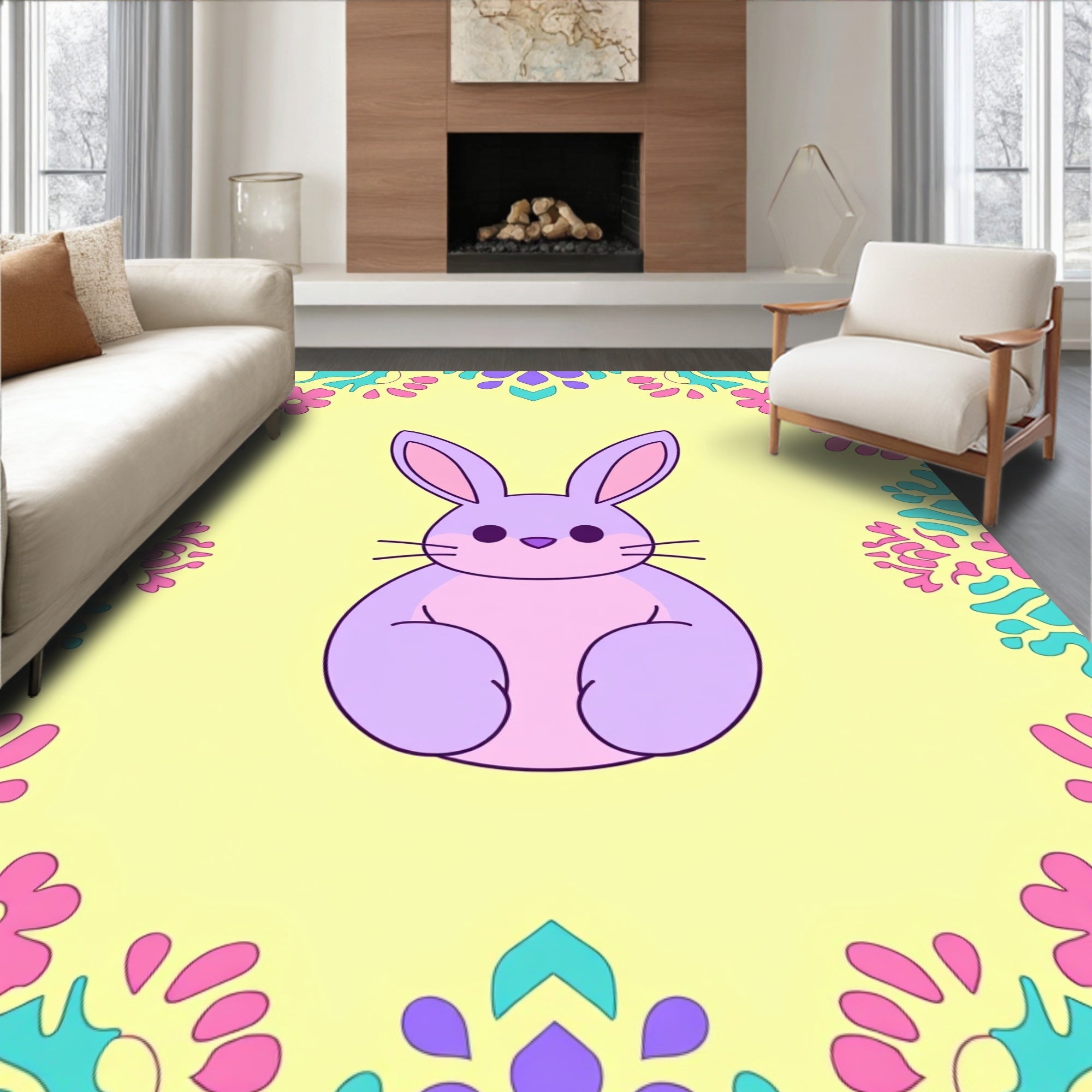 Cute Bunny with Floral Border Design Rug