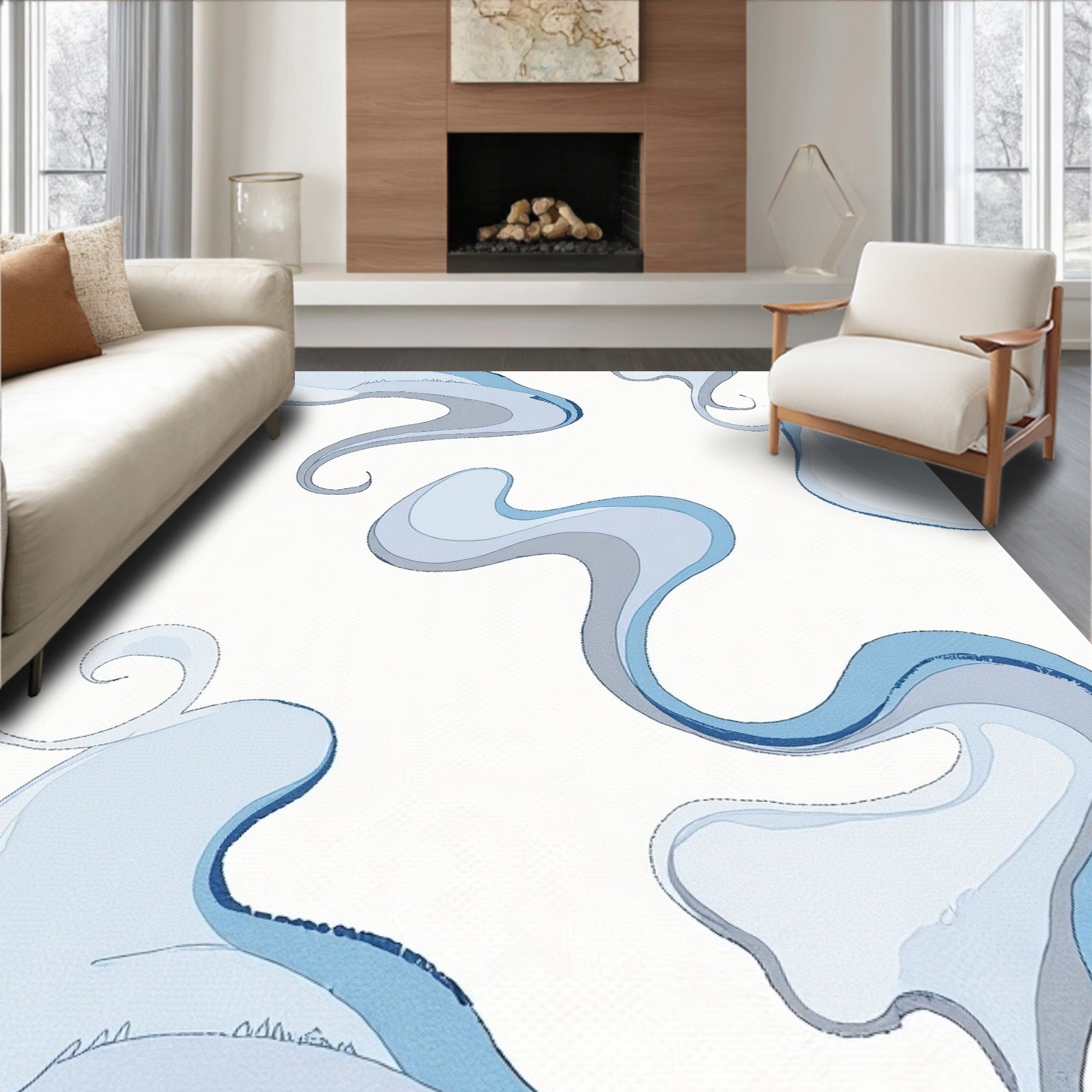 Flowing Blue Cloud-Like Abstract Pattern Rug