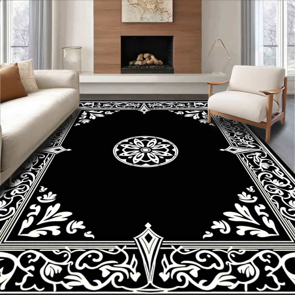 Ornate Floral Border Geometric Design Rug